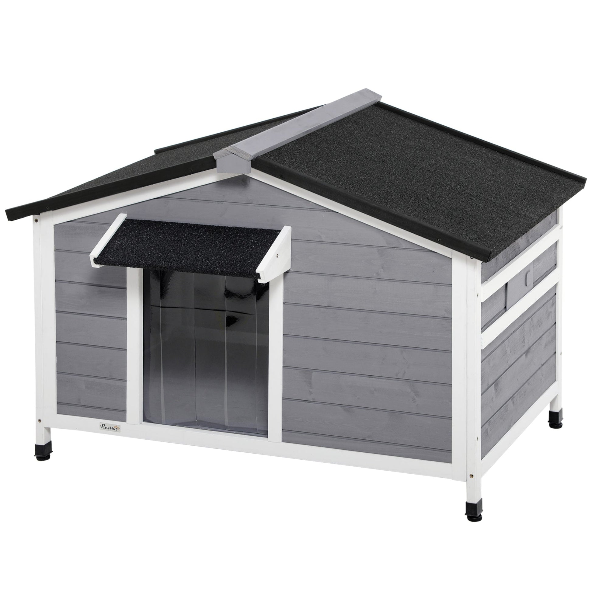 Wooden Dog Kennel Outdoor, Elevated Dog House for Outside, with Openable Top, Asphalt Roof, Windows, Curtain, Removable Tray, Adjustable Legs, 72H x 109L x 79Wcm, Grey