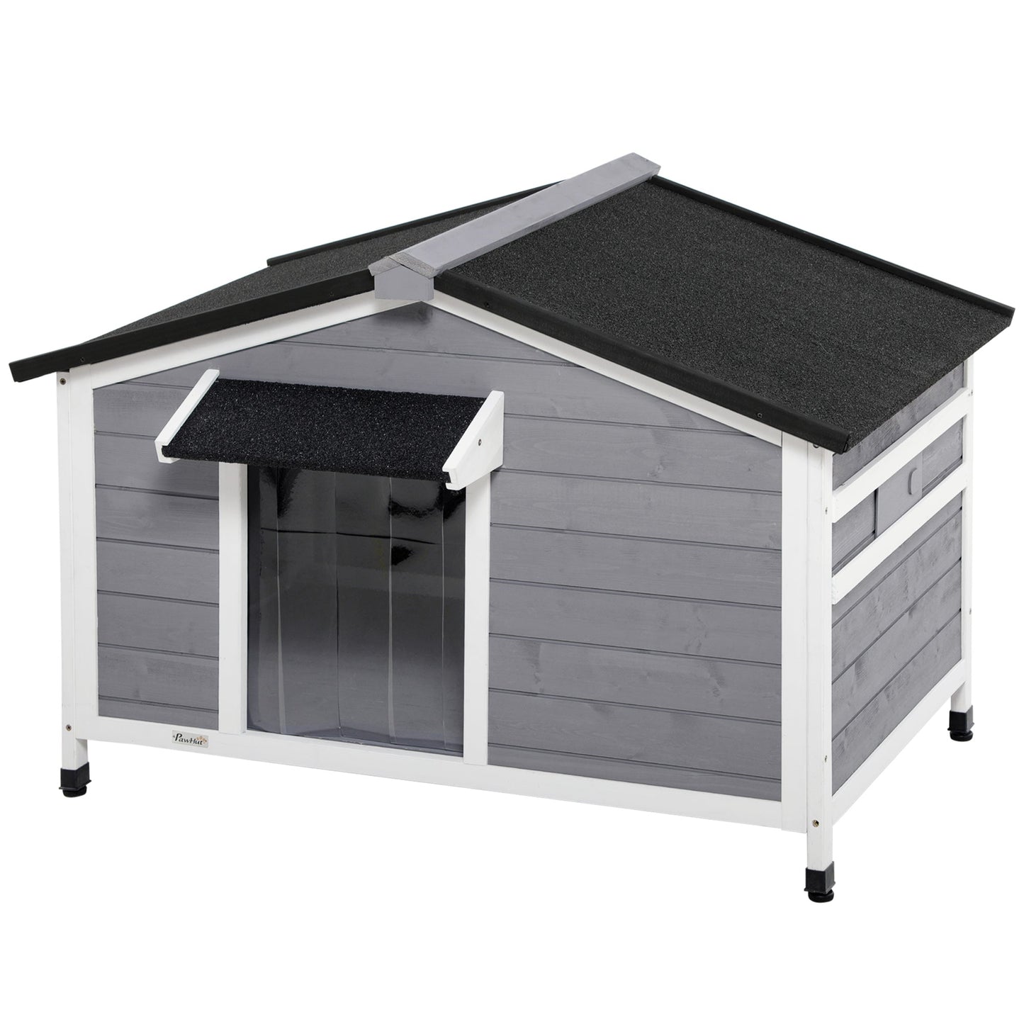 Wooden Dog Kennel Outdoor, Elevated Dog House for Outside, with Openable Top, Asphalt Roof, Windows, Curtain, Removable Tray, Adjustable Legs, 72H x 109L x 79Wcm, Grey