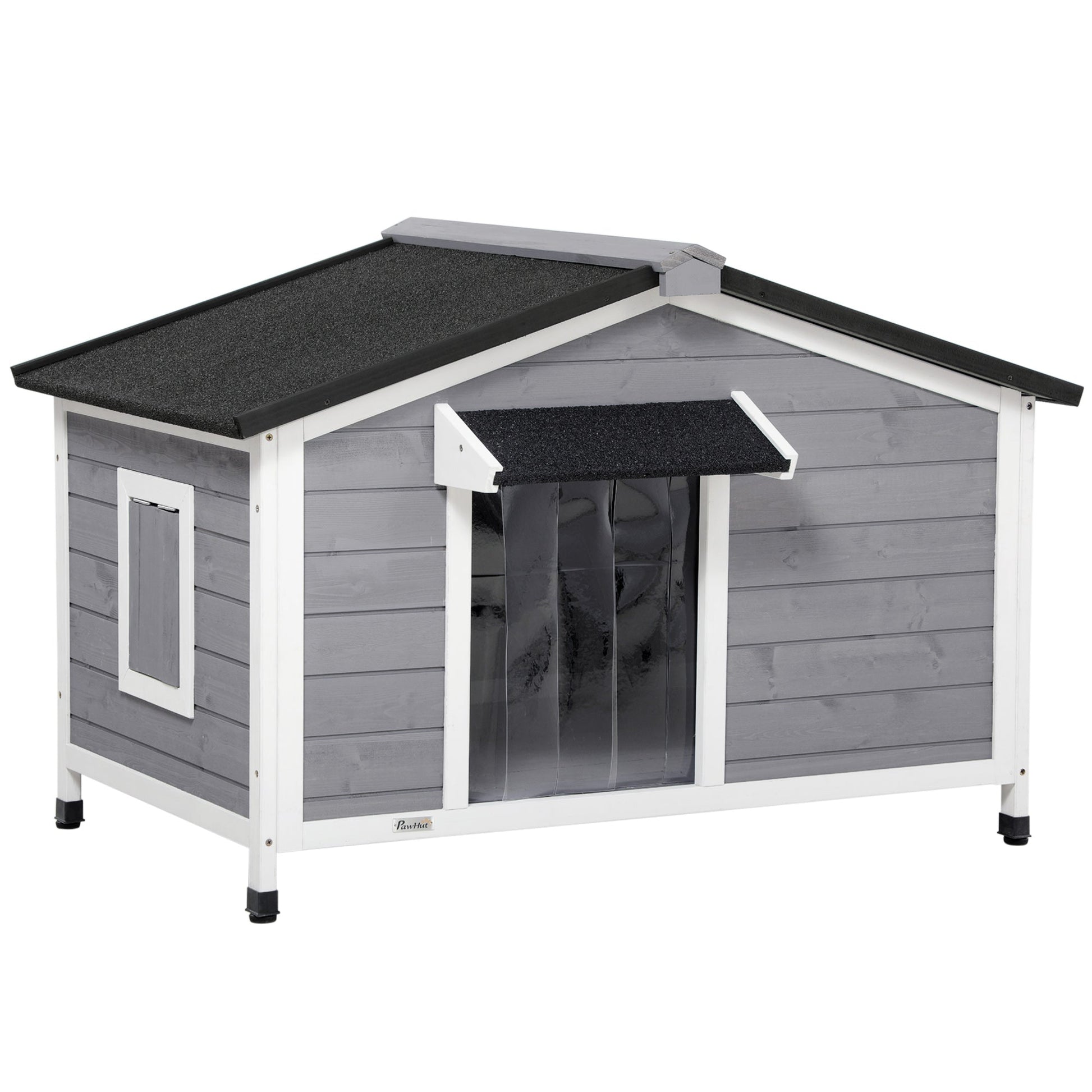 Wooden Dog Kennel Outdoor, Elevated Dog House for Outside, with Openable Top, Asphalt Roof, Windows, Curtain, Removable Tray, Adjustable Legs, 72H x 109L x 79Wcm, Grey