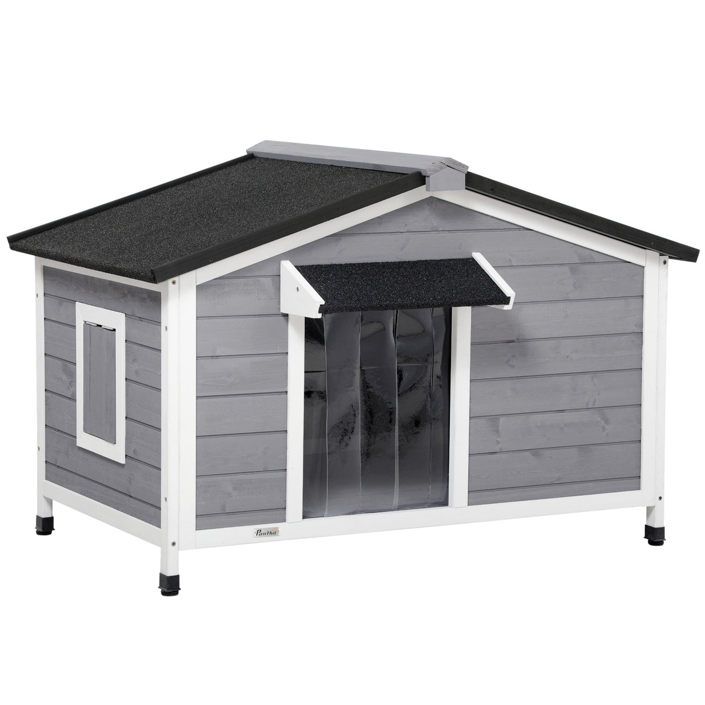 Wooden Dog Kennel Outdoor, Elevated Dog House for Outside, with Openable Top, Asphalt Roof, Windows, Curtain, Removable Tray, Adjustable Legs, 72H x 109L x 79Wcm, Grey
