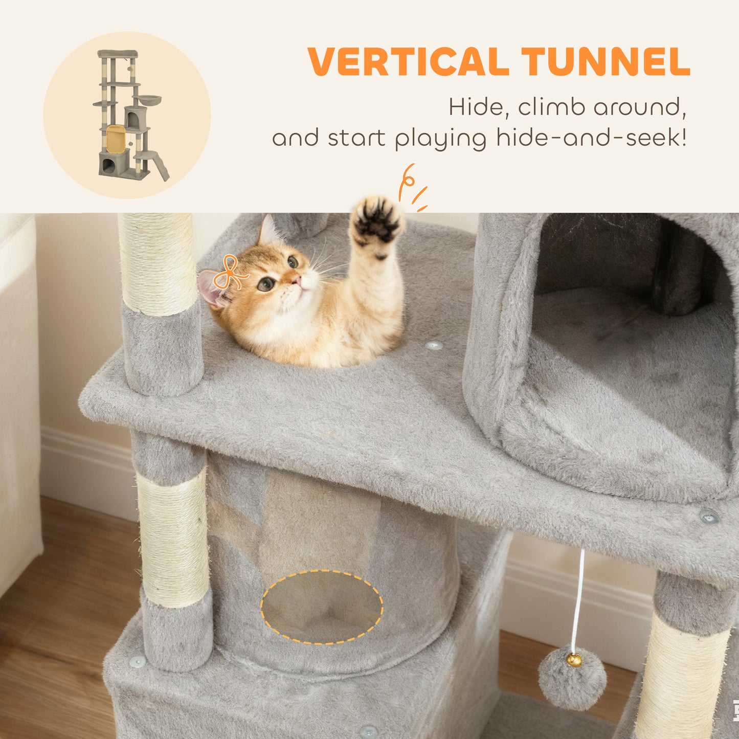 Cat Tree, 170 cm Large Cat Tower with 7 Scratching Posts, 1 Tunnel, 2 Condos, 1 Hammock, 1 Perch, 1 Ramp, 3 Platforms, 2 Pompoms, Multi-Level Kitty House for Indoor Kittens, Light Grey