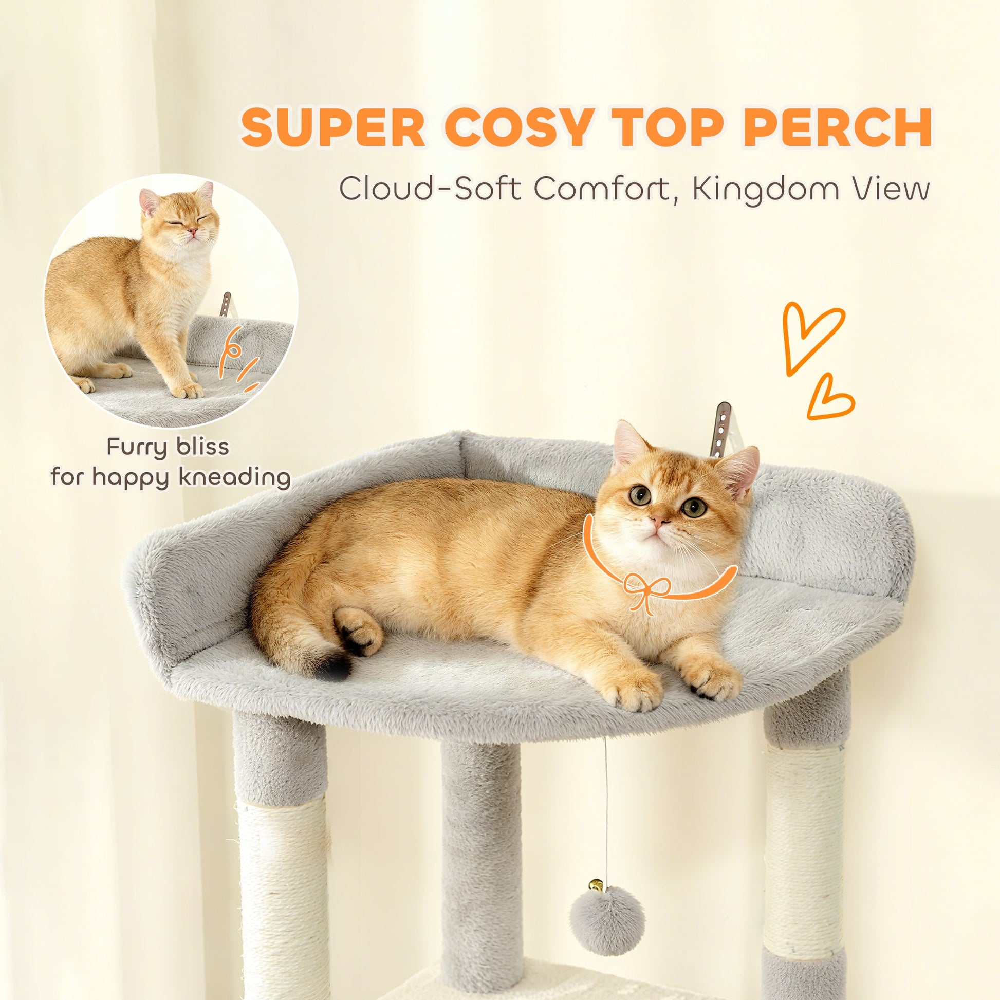 Cat Tree, 170 cm Large Cat Tower with 7 Scratching Posts, 1 Tunnel, 2 Condos, 1 Hammock, 1 Perch, 1 Ramp, 3 Platforms, 2 Pompoms, Multi-Level Kitty House for Indoor Kittens, Light Grey