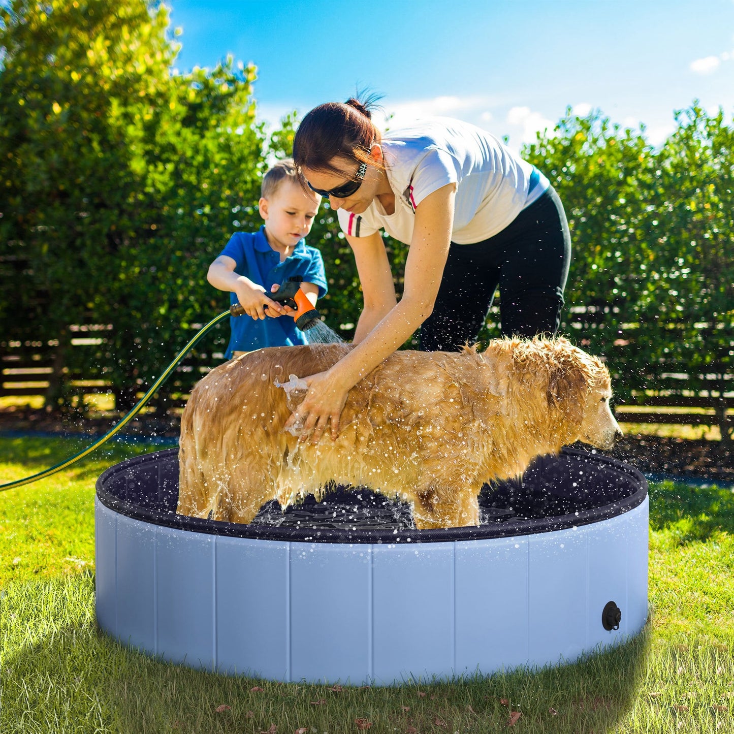 Dog Paddling Pool, Foldable Dog Pool, Leakproof & Hard Plastic, Portable Pet Bathtub with Non-Slip Base & Drainage Hole, for Indoors, Outdoors, Garden, Patio, 120 x 30 cm, Blue