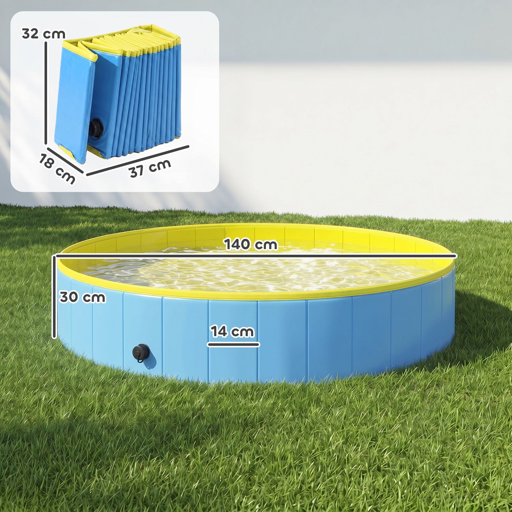Foldable Dog Pool for Puppies and Ducks, Thickened PVC Dog Paddling Pool Bath Tub Hard Board, Anti-Slip Bottom and Hose Adapter for Easy Drainage, 140 x 30cm, Blue and Yellow