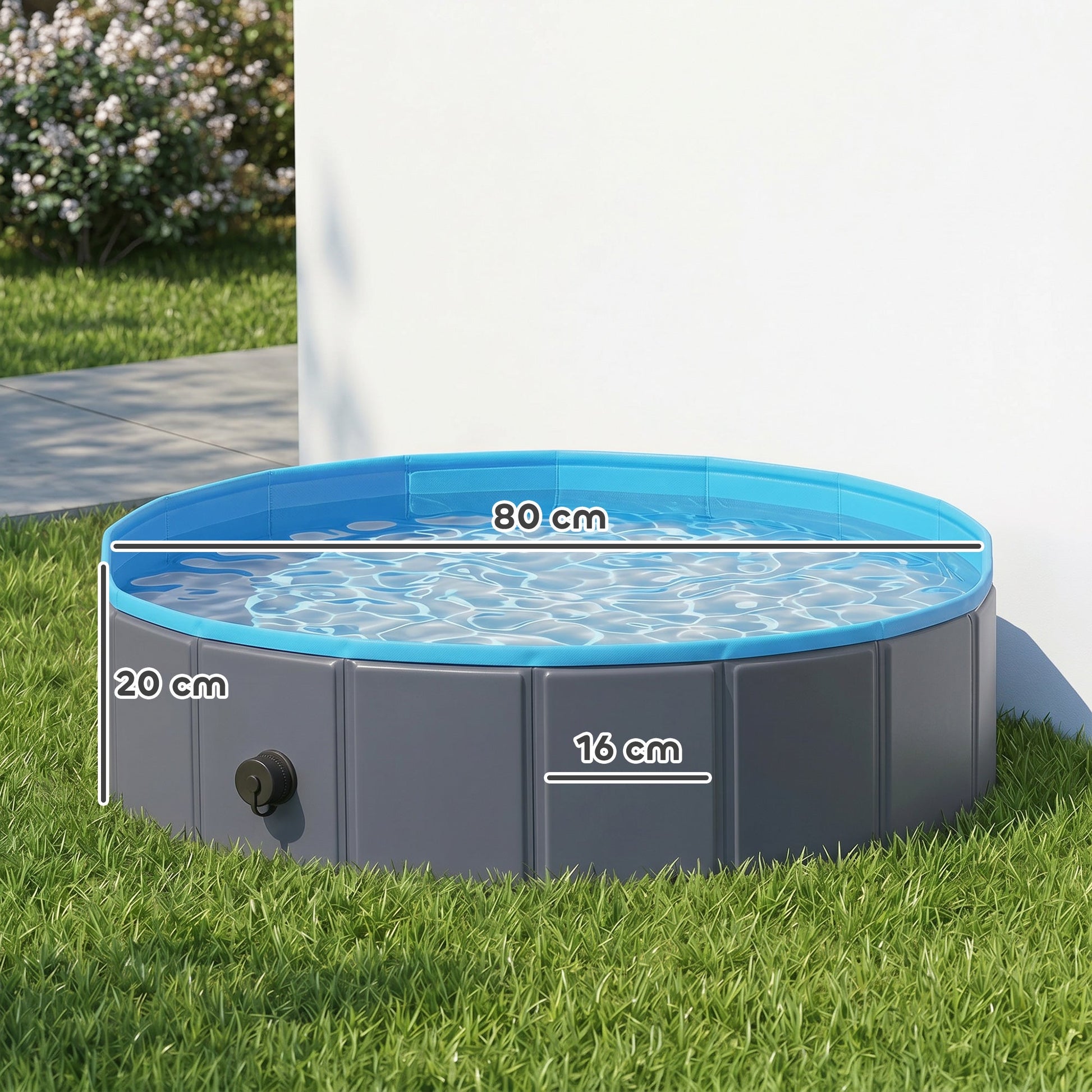 Foldable Dog Pool for Puppies and Ducks, Thickened PVC Dog Paddling Pool Bath Tub Hard Board, Anti-Slip Bottom and Hose Adapter for Easy Drainage, 80 x 20cm, Blue and Dark Grey