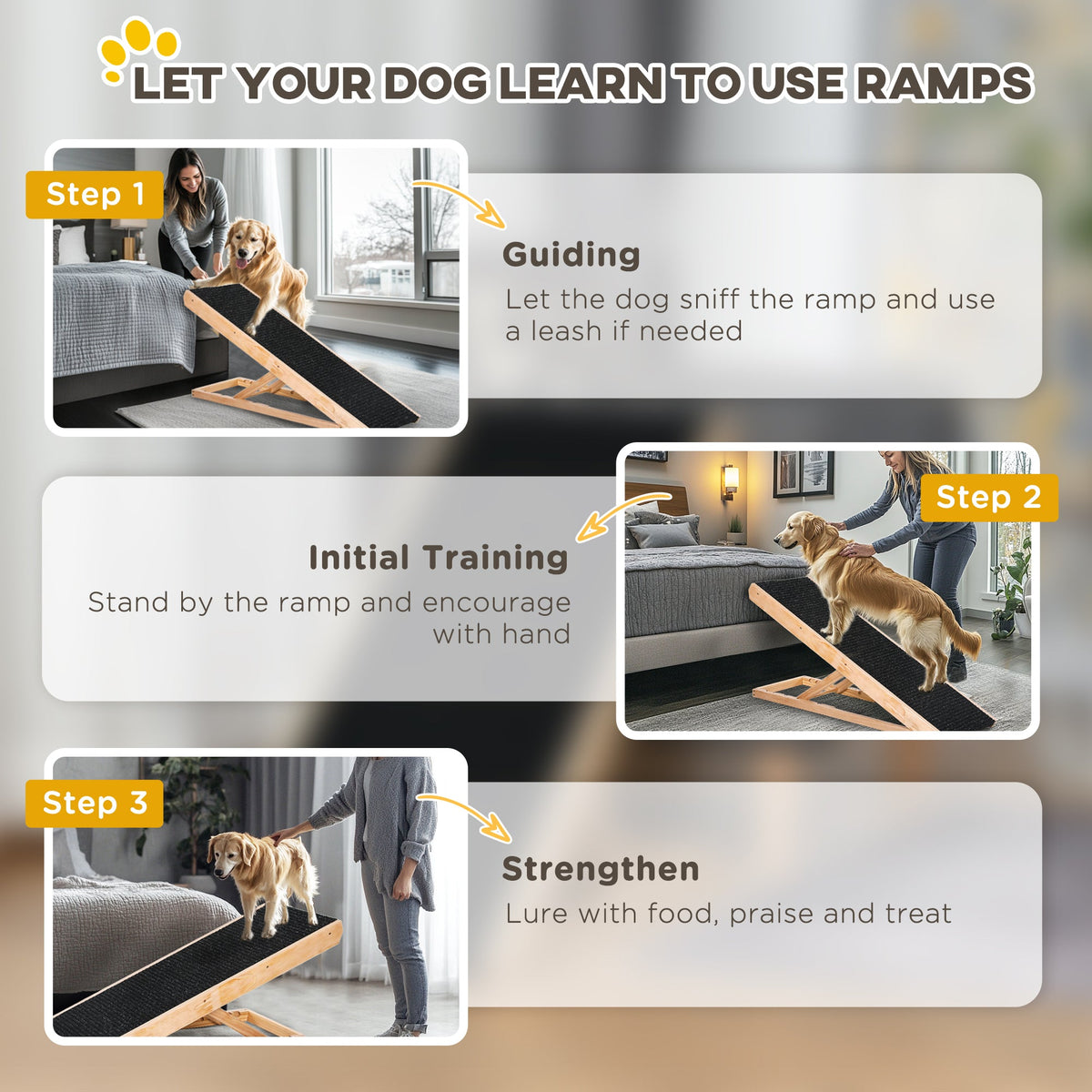 Dog Ramp, Foldable Pet Ramp with 4 Adjustable Heights, Non-Slip Finish for Medium and Large Pets, Wooden Dog Ladder for Sofa, Bed, Car, Black
