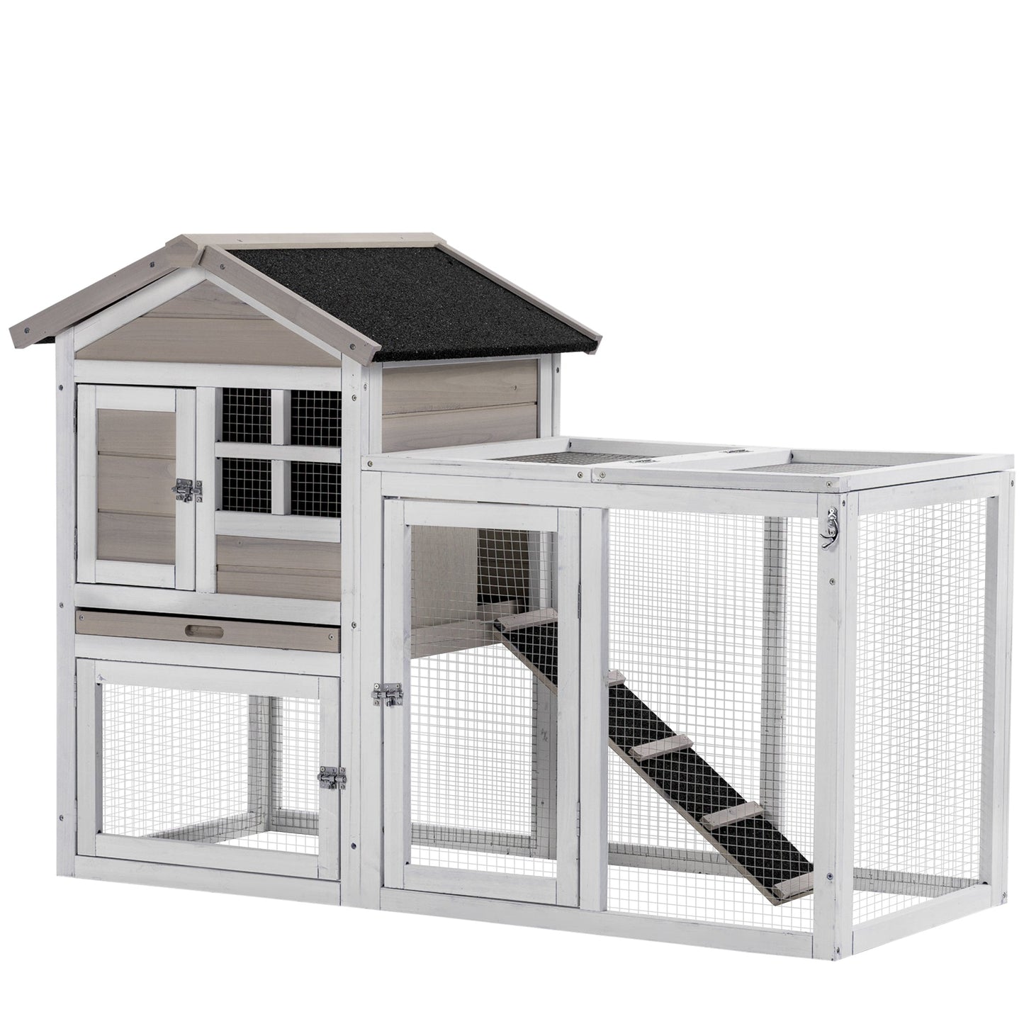 2 in 1 Rabbit Hutch Outdoor Guinea Pig Hutch Bunny Run Double Main House with Run, No-Leak Tray 259 x 64 x 92cm, Grey