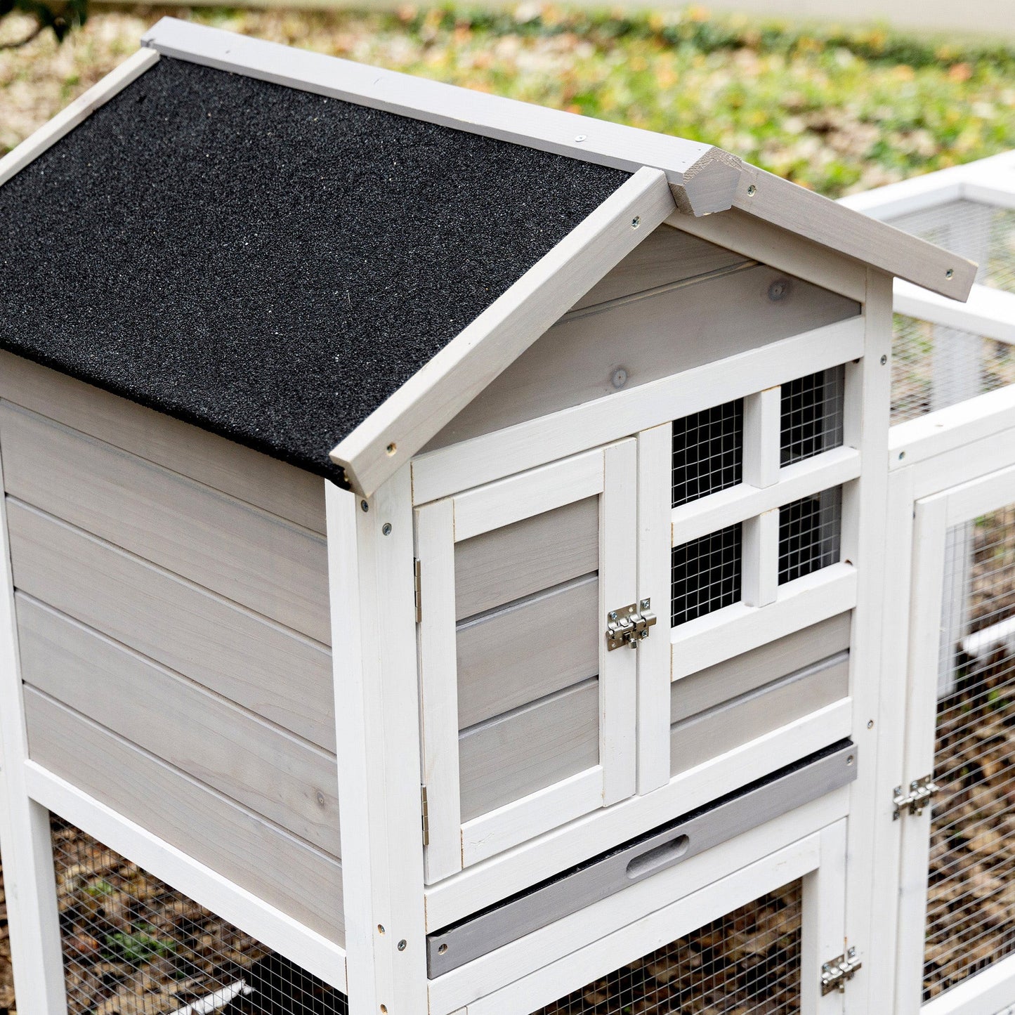 2 in 1 Rabbit Hutch Outdoor Guinea Pig Hutch Bunny Run Double Main House with Run, No-Leak Tray 259 x 64 x 92cm, Grey
