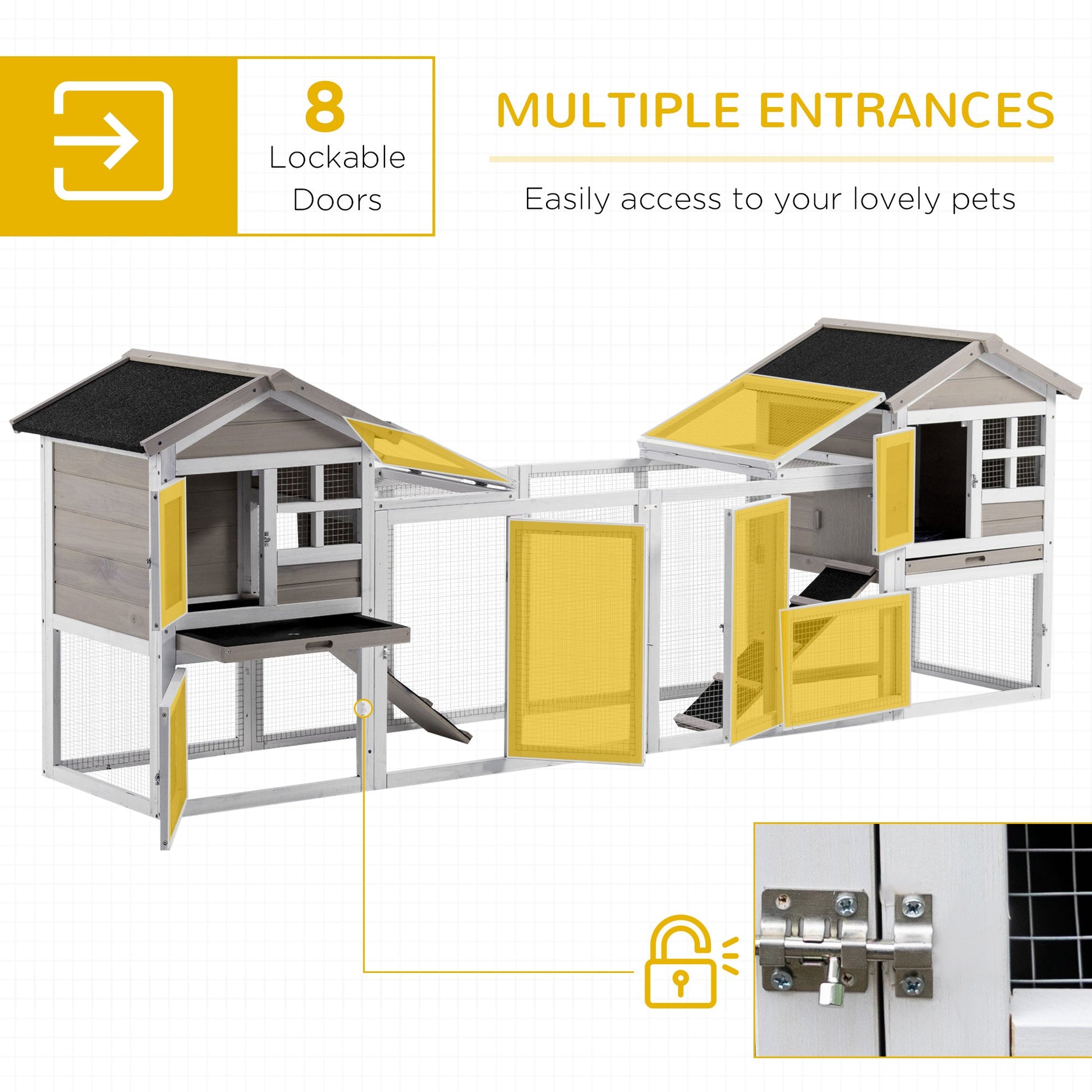 2 in 1 Rabbit Hutch Outdoor Guinea Pig Hutch Bunny Run Double Main House with Run, No-Leak Tray 259 x 64 x 92cm, Grey