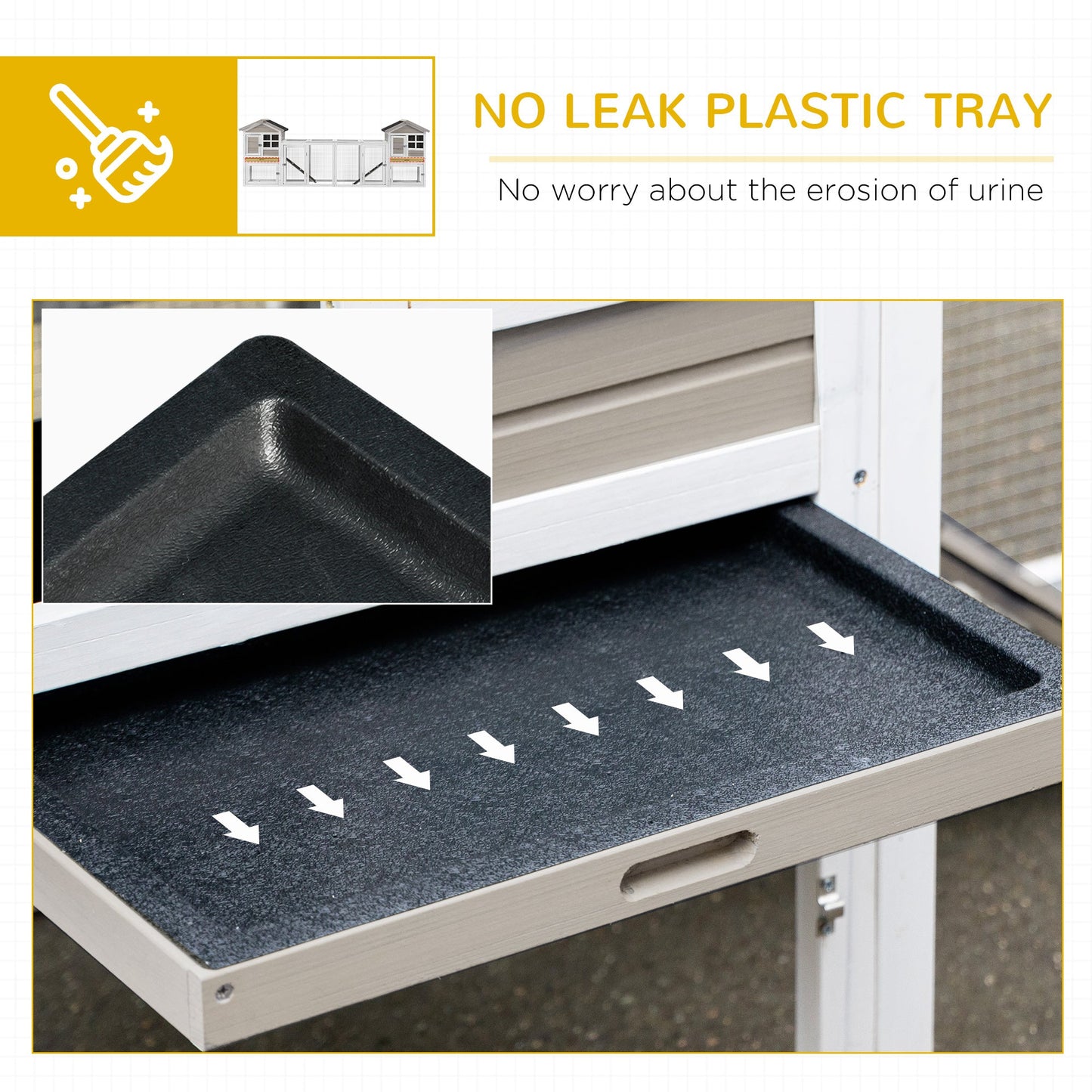 2 in 1 Rabbit Hutch Outdoor Guinea Pig Hutch Bunny Run Double Main House with Run, No-Leak Tray 259 x 64 x 92cm, Grey