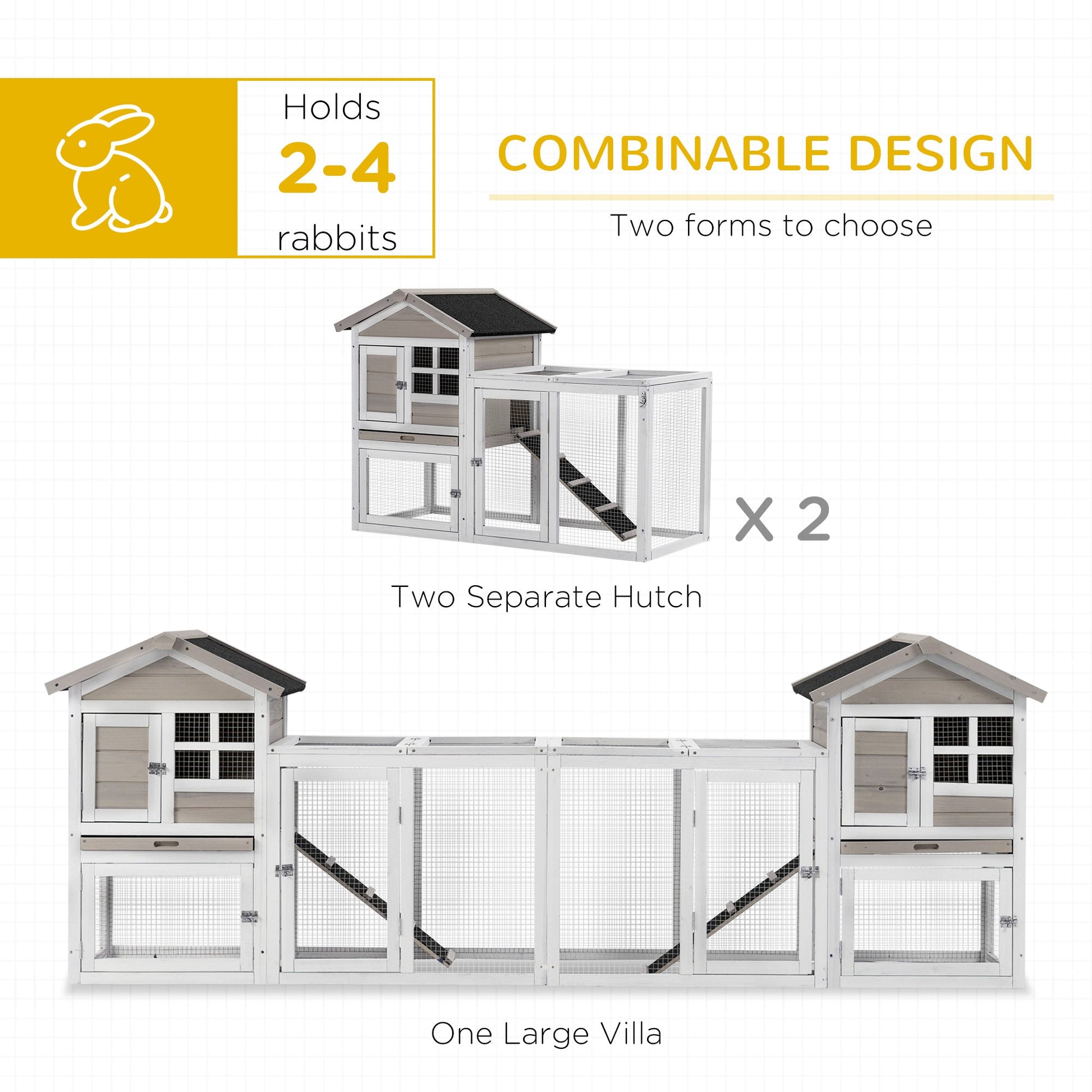 2 in 1 Rabbit Hutch Outdoor Guinea Pig Hutch Bunny Run Double Main House with Run, No-Leak Tray 259 x 64 x 92cm, Grey