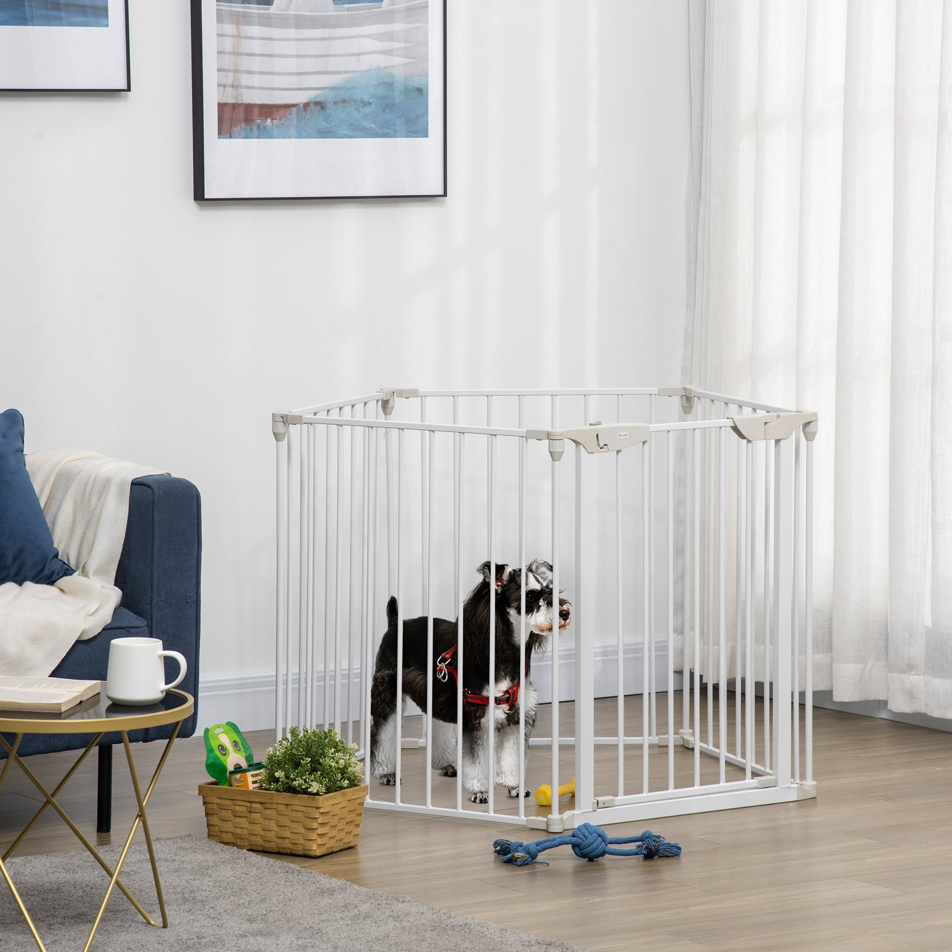Pet Safety Gate, 5 Panels Playpen Fireplace, Metal Fence, Stair Barrier, Room Divider w/ Walk-Through Door - White