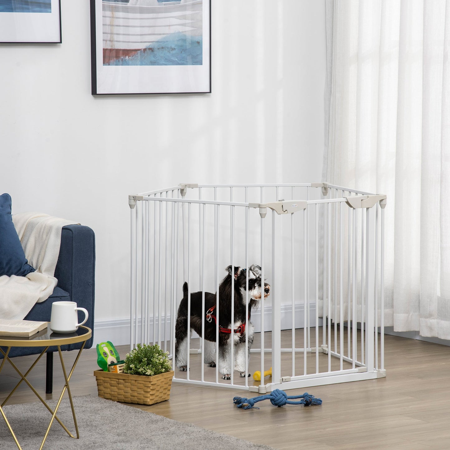 Pet Safety Gate, 5 Panels Playpen Fireplace, Metal Fence, Stair Barrier, Room Divider w/ Walk-Through Door - White