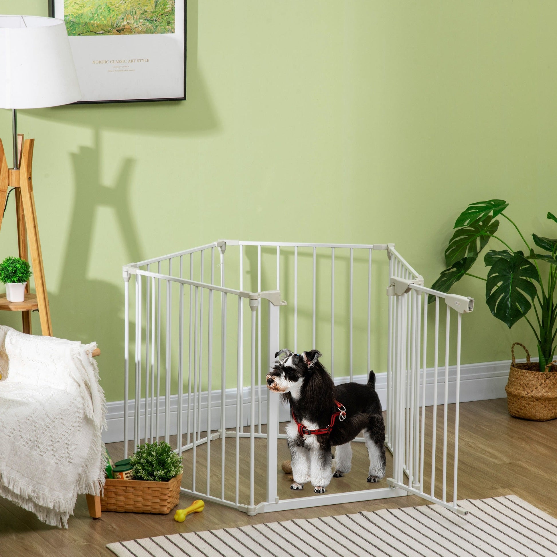 Pet Safety Gate, 5 Panels Playpen Fireplace, Metal Fence, Stair Barrier, Room Divider w/ Walk-Through Door - White
