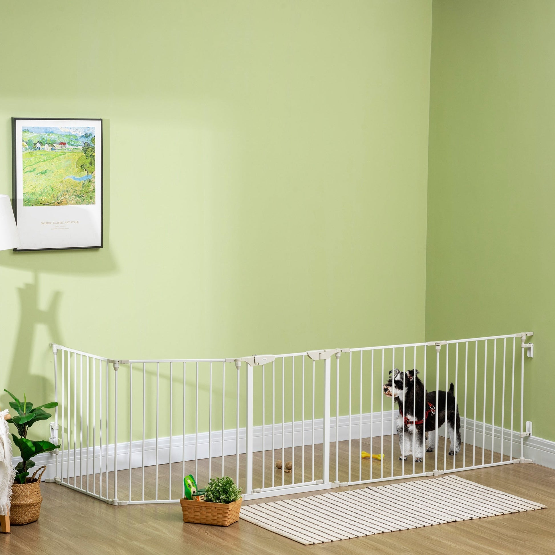 Pet Safety Gate, 5 Panels Playpen Fireplace, Metal Fence, Stair Barrier, Room Divider w/ Walk-Through Door - White