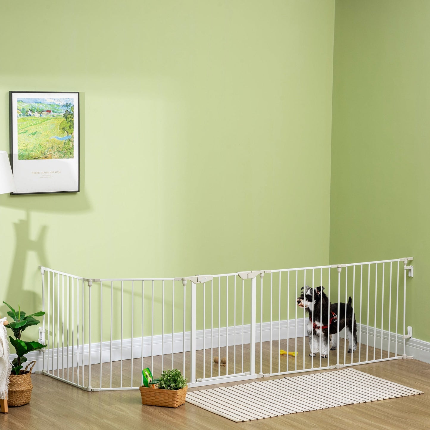 Pet Safety Gate, 5 Panels Playpen Fireplace, Metal Fence, Stair Barrier, Room Divider w/ Walk-Through Door - White