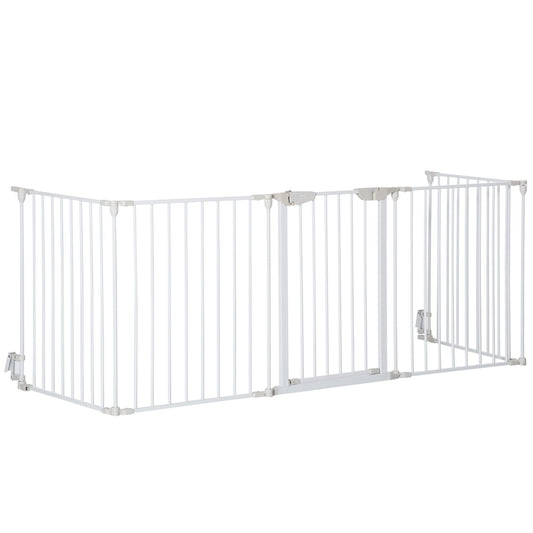 Pet Safety Gate, 5 Panels Playpen Fireplace, Metal Fence, Stair Barrier, Room Divider w/ Walk-Through Door - White