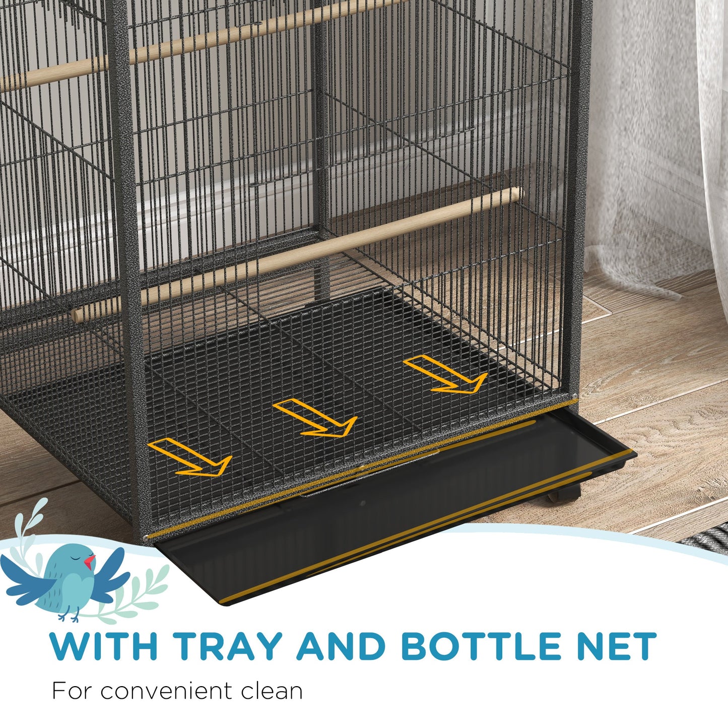 Bird Cage, Budgie Cage, Parrot Cage, with Rolling Stand, Stainless Steel Bowls, Swings, Removable Tray for Small Parrot, Budgie, Lovebird - Grey