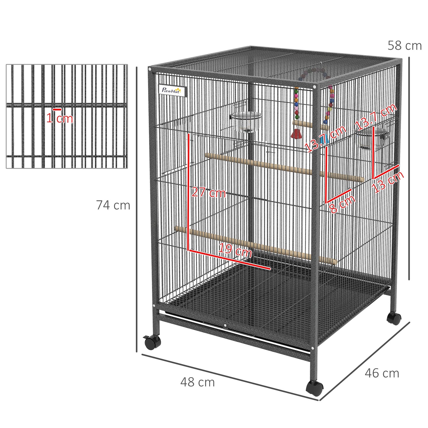 Bird Cage, Budgie Cage, Parrot Cage, with Rolling Stand, Stainless Steel Bowls, Swings, Removable Tray for Small Parrot, Budgie, Lovebird - Grey