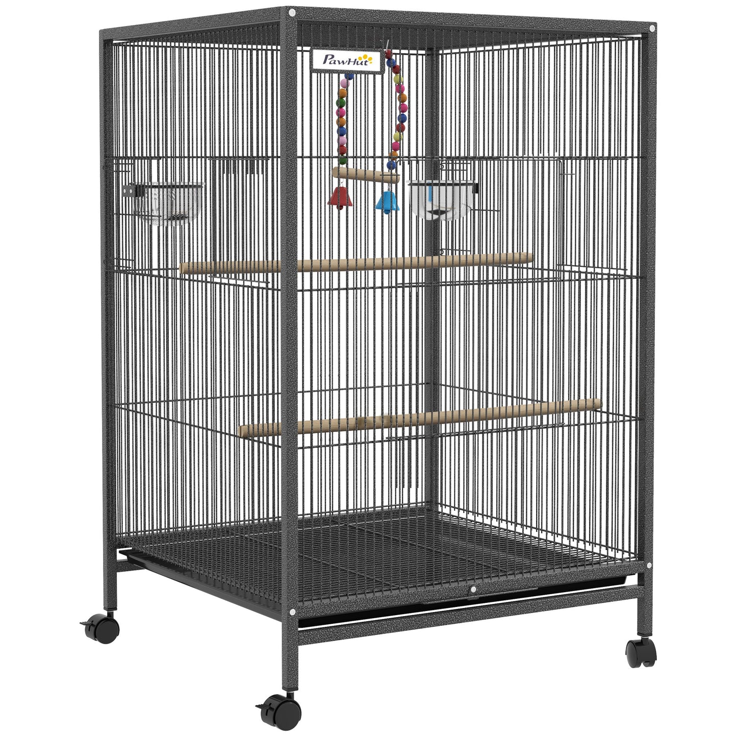 Bird Cage, Budgie Cage, Parrot Cage, with Rolling Stand, Stainless Steel Bowls, Swings, Removable Tray for Small Parrot, Budgie, Lovebird - Grey