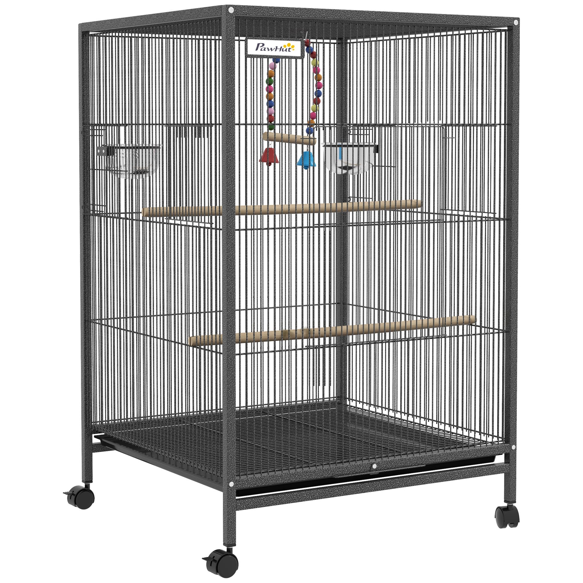 Bird Cage, Budgie Cage, Parrot Cage, with Rolling Stand, Stainless Steel Bowls, Swings, Removable Tray for Small Parrot, Budgie, Lovebird - Grey