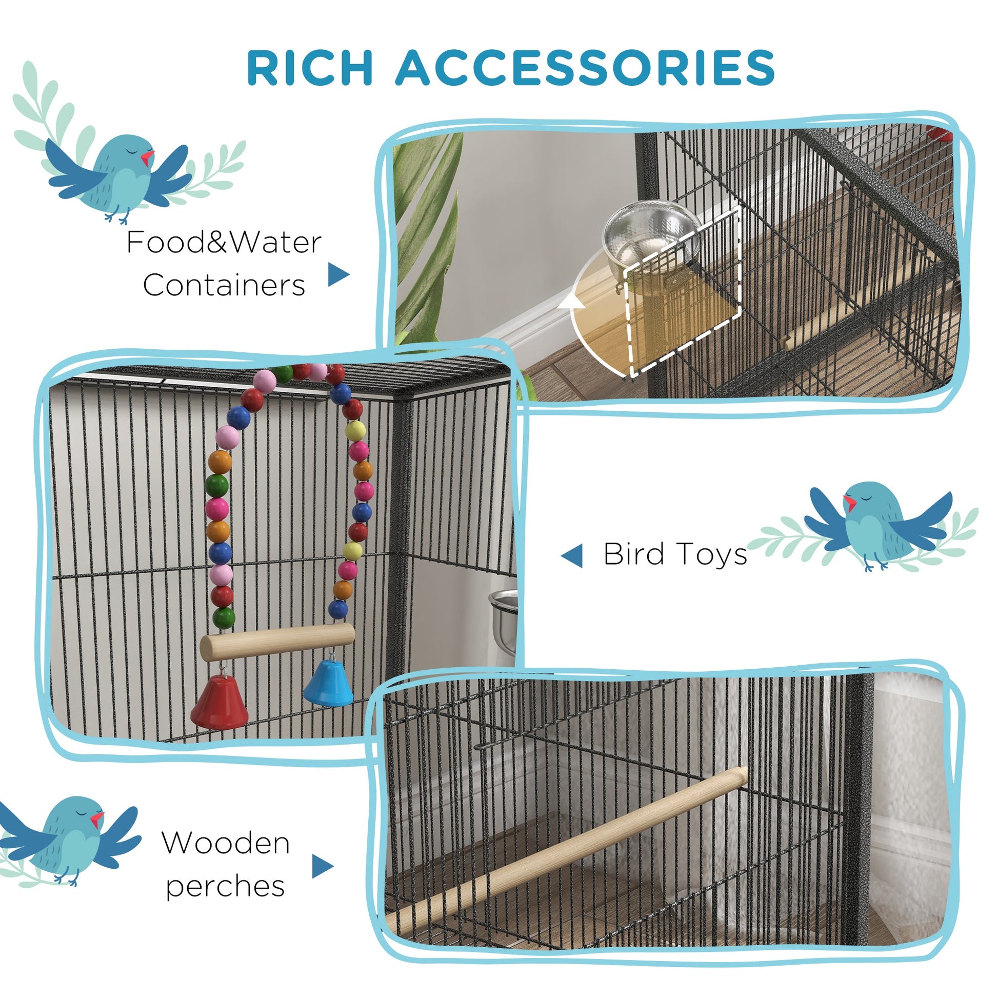 Bird Cage, Budgie Cage, Parrot Cage, with Rolling Stand, Stainless Steel Bowls, Swings, Removable Tray for Small Parrot, Budgie, Lovebird - Grey