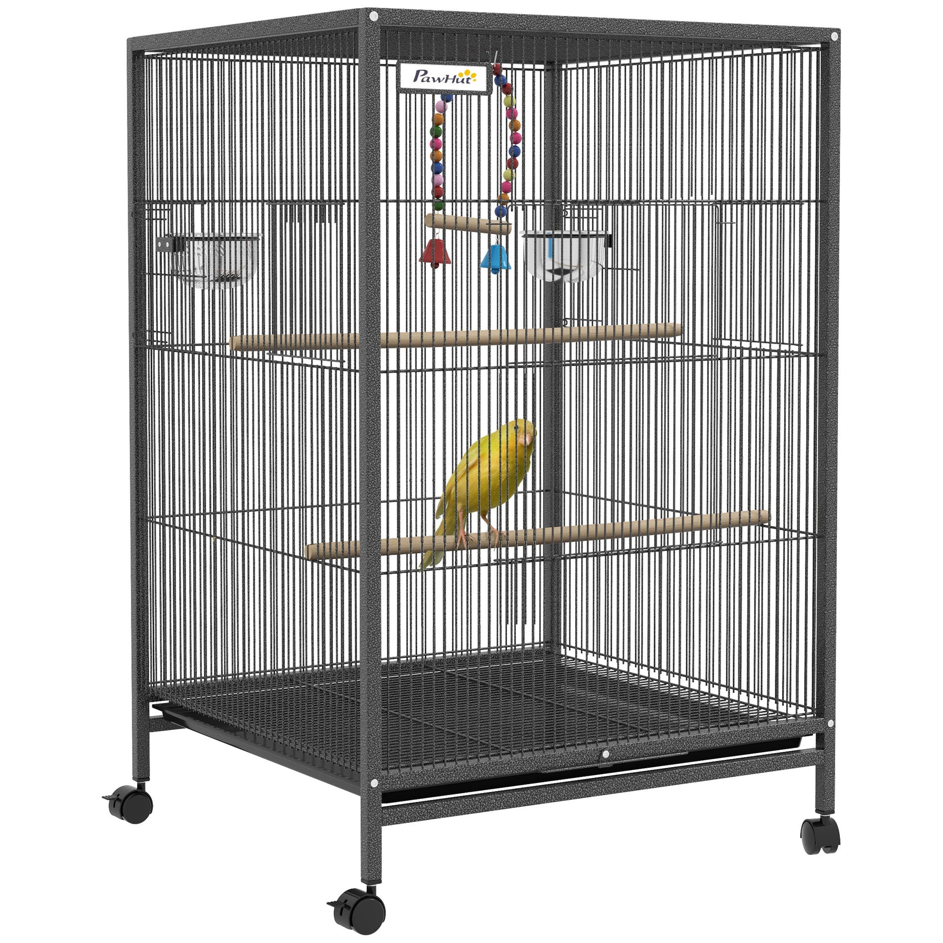 Bird Cage, Budgie Cage, Parrot Cage, with Rolling Stand, Stainless Steel Bowls, Swings, Removable Tray for Small Parrot, Budgie, Lovebird - Grey