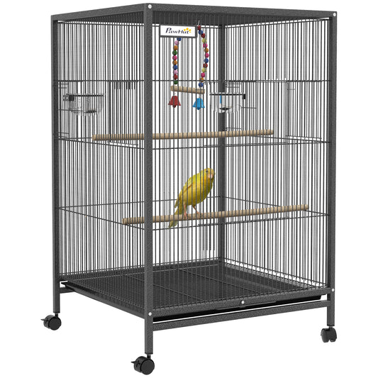 Bird Cage, Budgie Cage, Parrot Cage, with Rolling Stand, Stainless Steel Bowls, Swings, Removable Tray for Small Parrot, Budgie, Lovebird - Grey