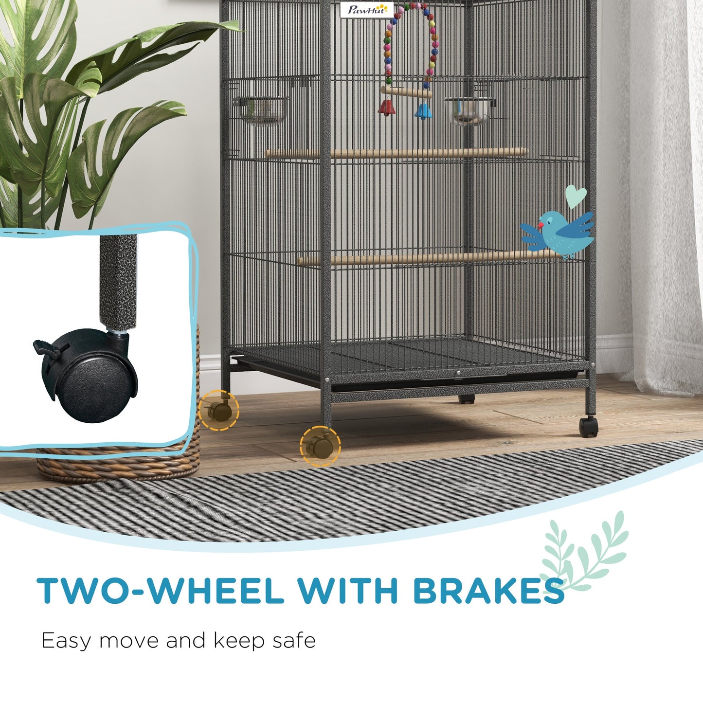Bird Cage, Budgie Cage, Parrot Cage, with Rolling Stand, Stainless Steel Bowls, Swings, Removable Tray for Small Parrot, Budgie, Lovebird - Grey