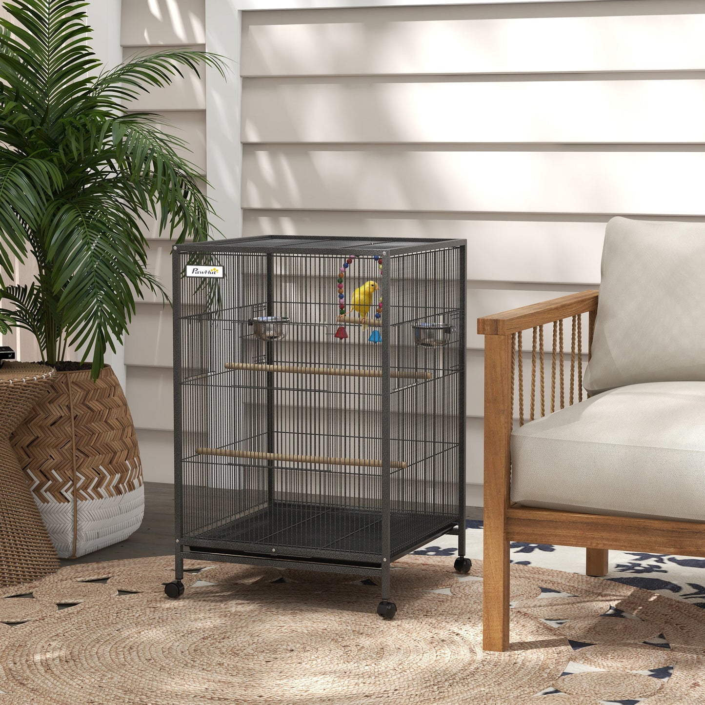 Bird Cage, Budgie Cage, Parrot Cage, with Rolling Stand, Stainless Steel Bowls, Swings, Removable Tray for Small Parrot, Budgie, Lovebird - Grey