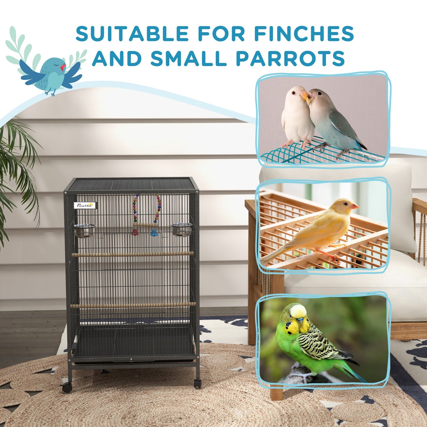 Bird Cage, Budgie Cage, Parrot Cage, with Rolling Stand, Stainless Steel Bowls, Swings, Removable Tray for Small Parrot, Budgie, Lovebird - Grey
