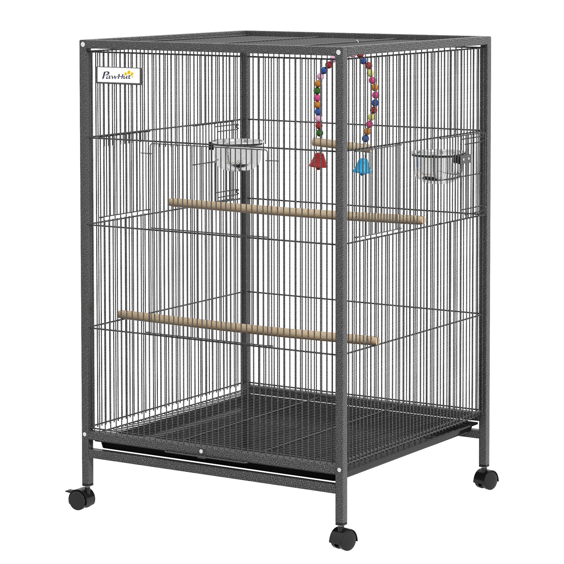 Bird Cage, Budgie Cage, Parrot Cage, with Rolling Stand, Stainless Steel Bowls, Swings, Removable Tray for Small Parrot, Budgie, Lovebird - Grey