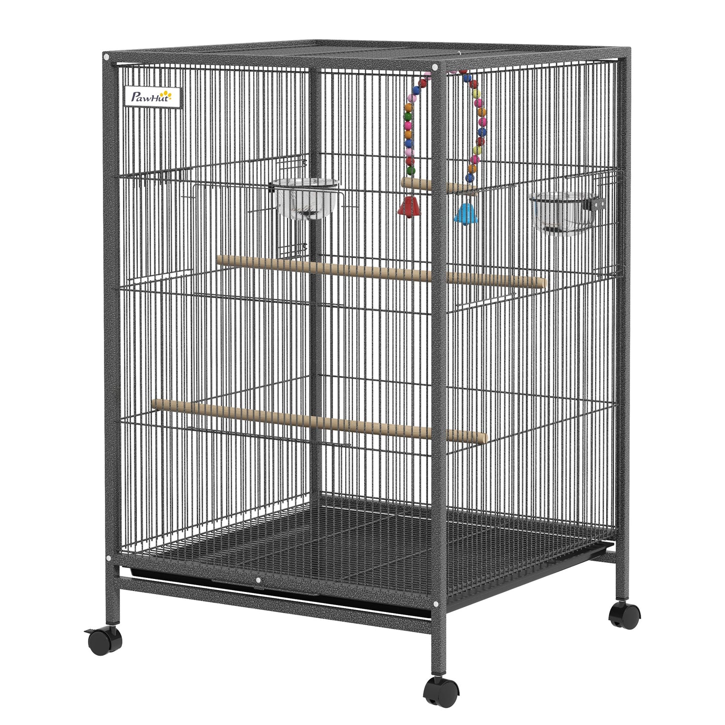 Bird Cage, Budgie Cage, Parrot Cage, with Rolling Stand, Stainless Steel Bowls, Swings, Removable Tray for Small Parrot, Budgie, Lovebird - Grey