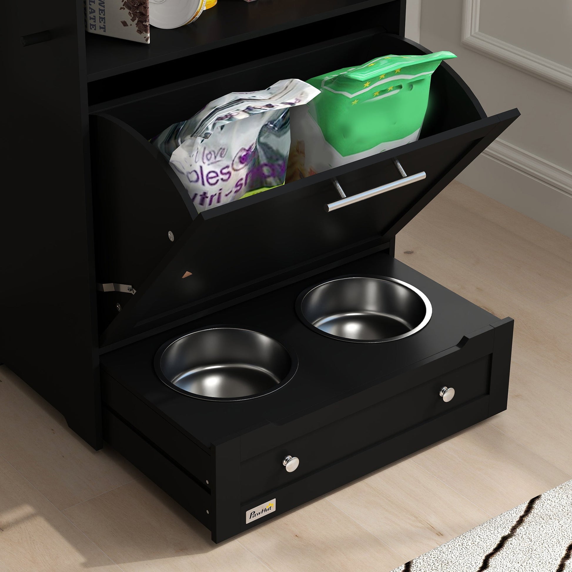 Pet Feeder Station, Dog Food Storage Container w/ Raised Dog Bowls, Hanger, for Food and Water - Black