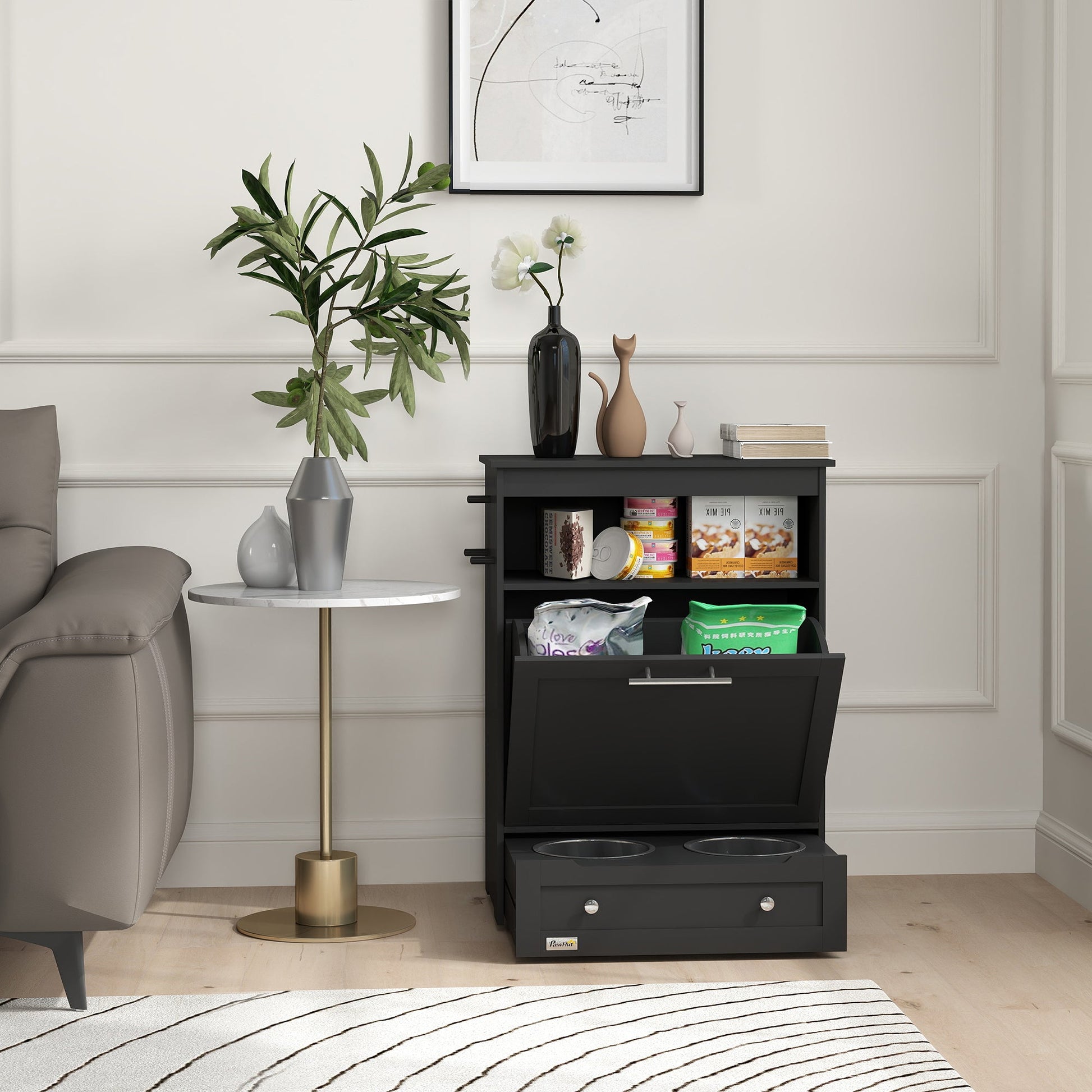 Pet Feeder Station, Dog Food Storage Container w/ Raised Dog Bowls, Hanger, for Food and Water - Black