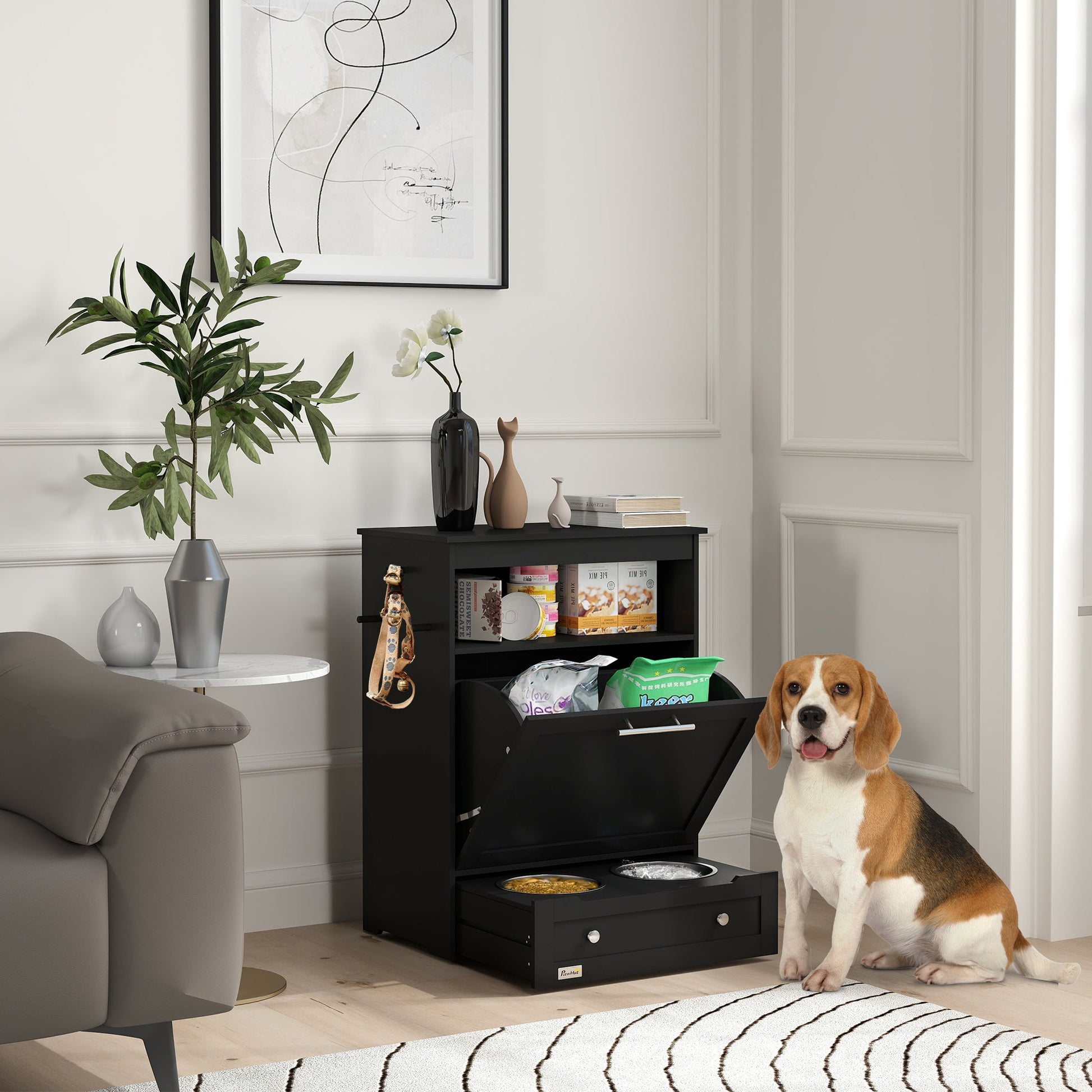 Pet Feeder Station, Dog Food Storage Container w/ Raised Dog Bowls, Hanger, for Food and Water - Black