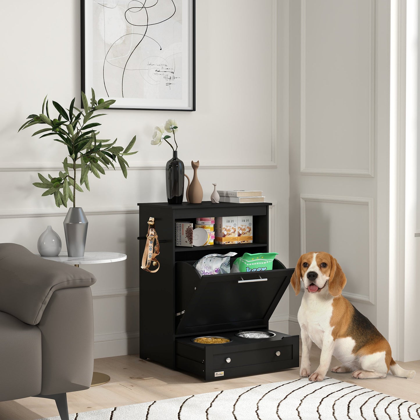 Pet Feeder Station, Dog Food Storage Container w/ Raised Dog Bowls, Hanger, for Food and Water - Black