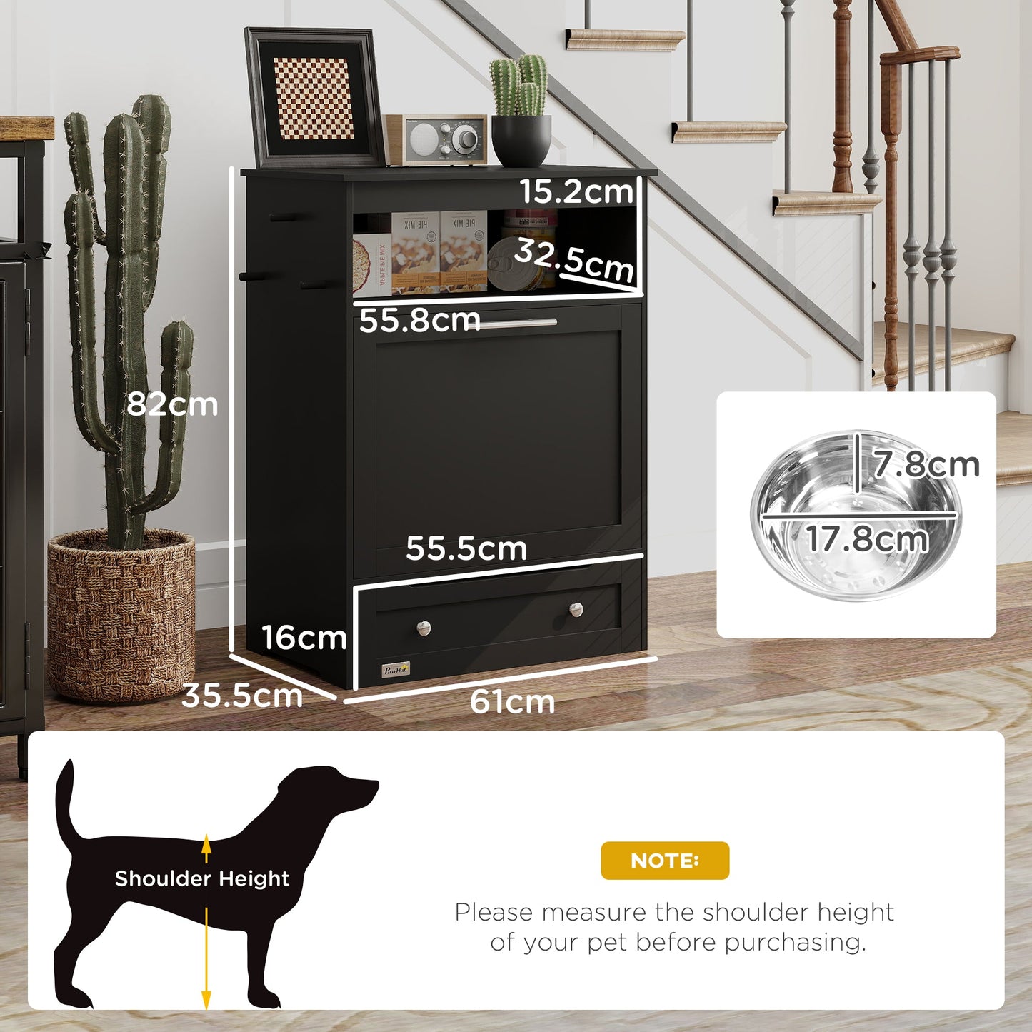 Pet Feeder Station, Dog Food Storage Container w/ Raised Dog Bowls, Hanger, for Food and Water - Black