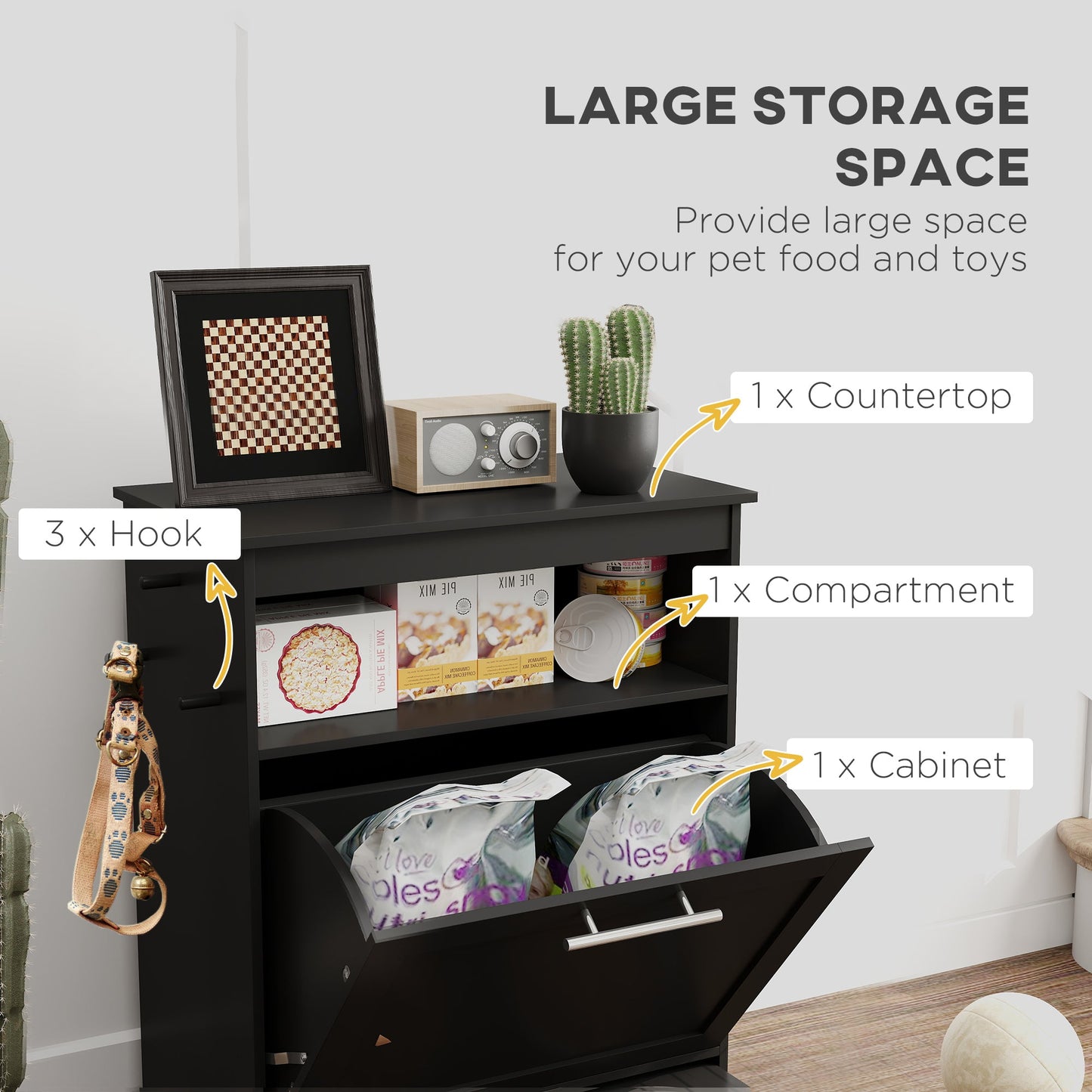 Pet Feeder Station, Dog Food Storage Container w/ Raised Dog Bowls, Hanger, for Food and Water - Black