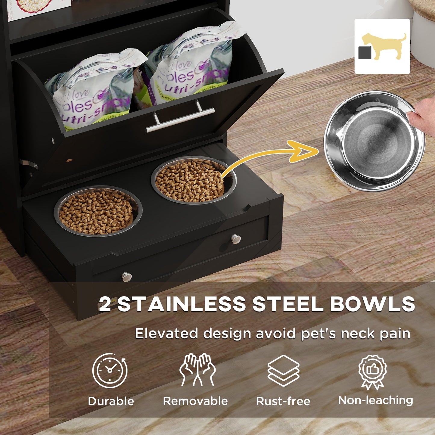 Pet Feeder Station, Dog Food Storage Container w/ Raised Dog Bowls, Hanger, for Food and Water - Black