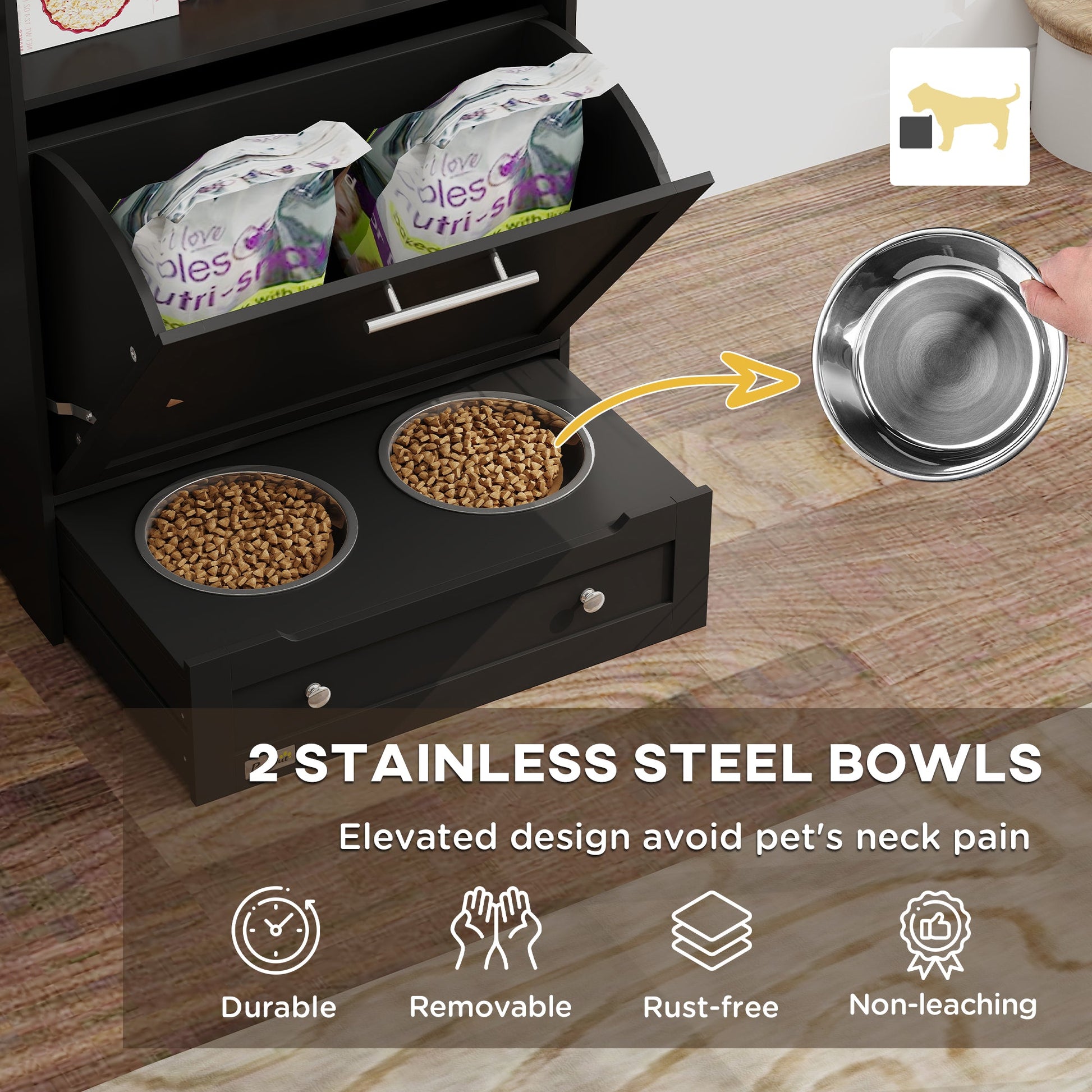 Pet Feeder Station, Dog Food Storage Container w/ Raised Dog Bowls, Hanger, for Food and Water - Black