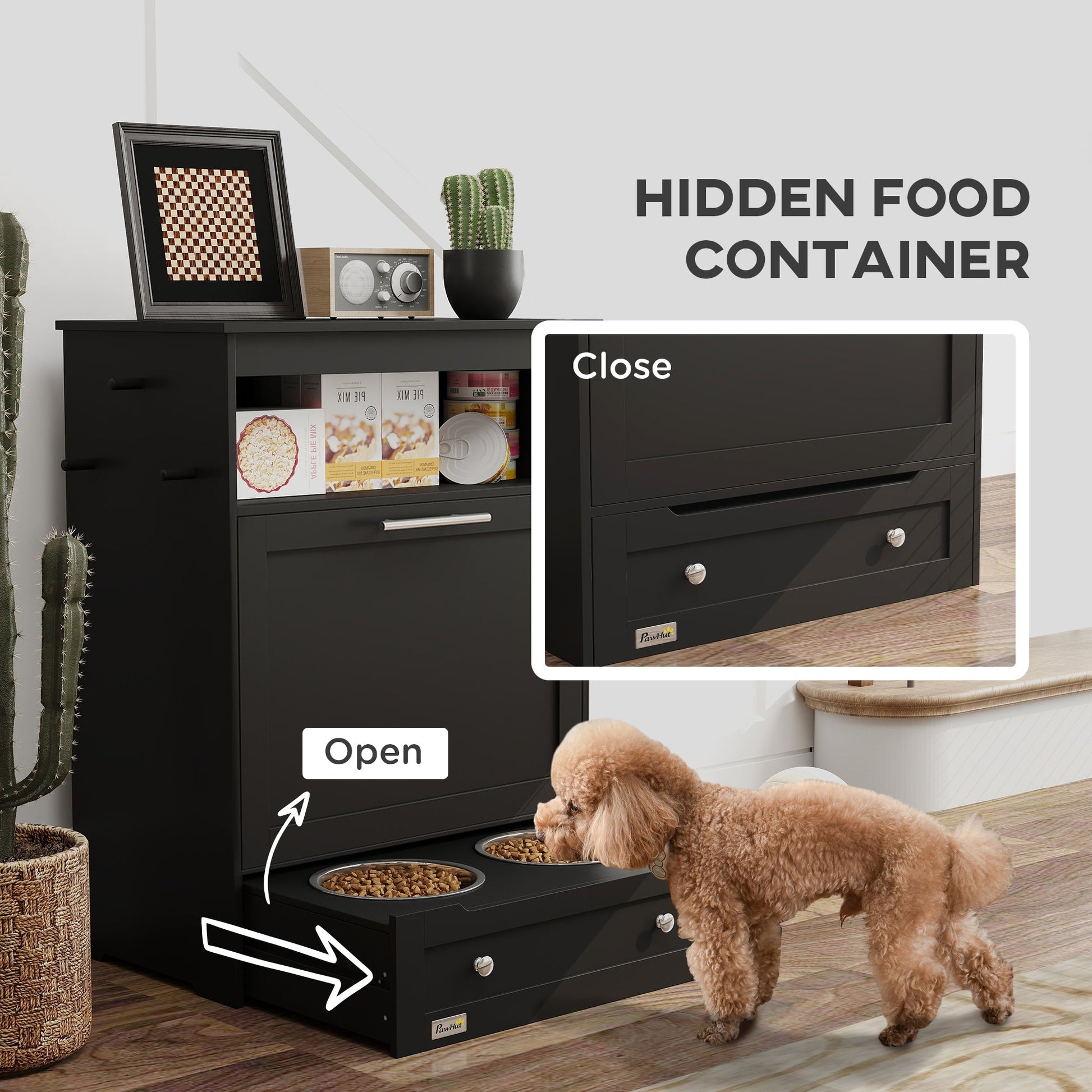 Pet Feeder Station, Dog Food Storage Container w/ Raised Dog Bowls, Hanger, for Food and Water - Black