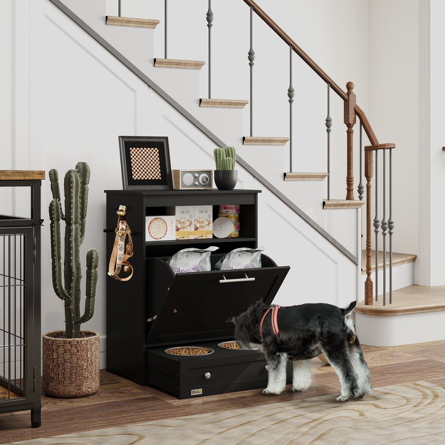 Pet Feeder Station, Dog Food Storage Container w/ Raised Dog Bowls, Hanger, for Food and Water - Black