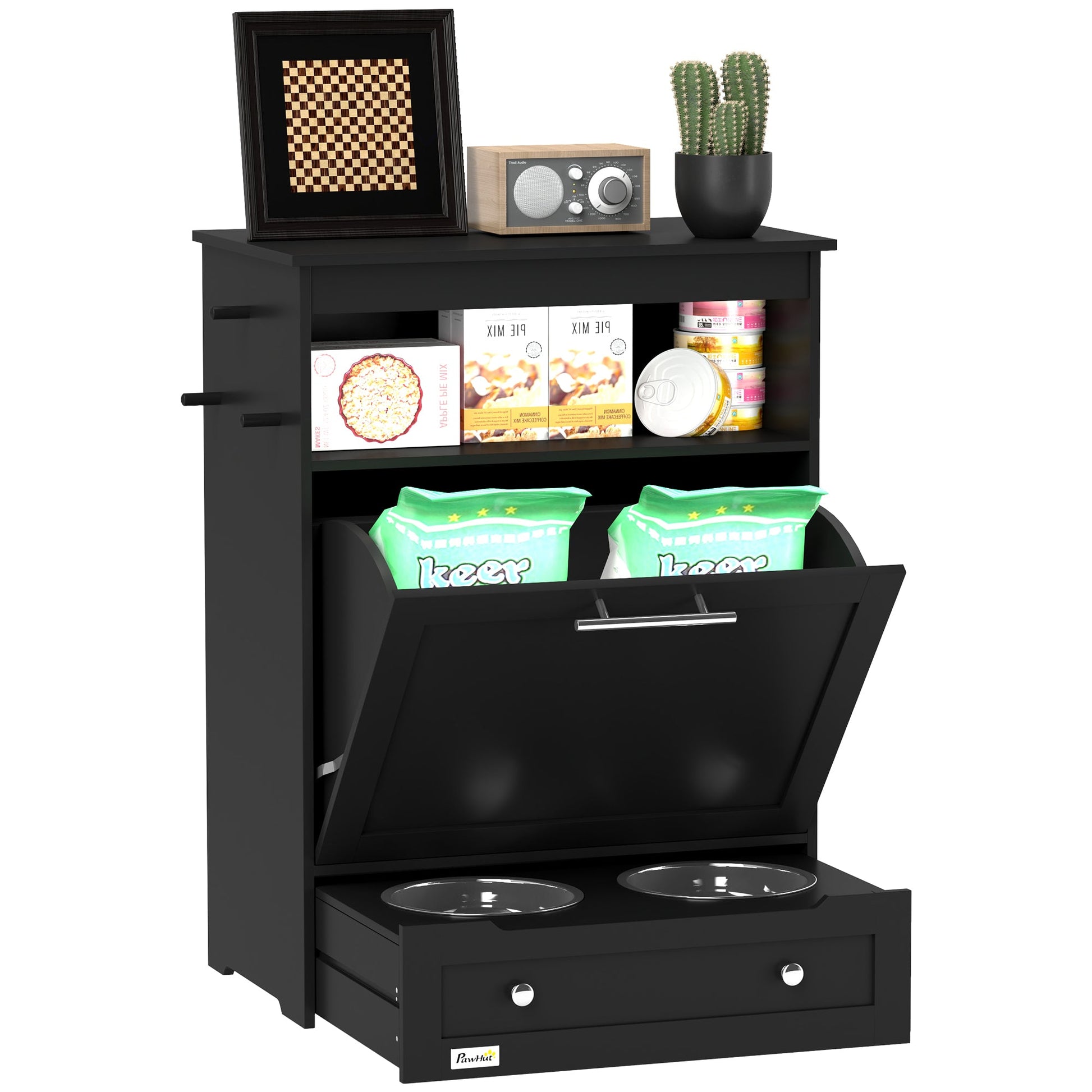 Pet Feeder Station, Dog Food Storage Container w/ Raised Dog Bowls, Hanger, for Food and Water - Black