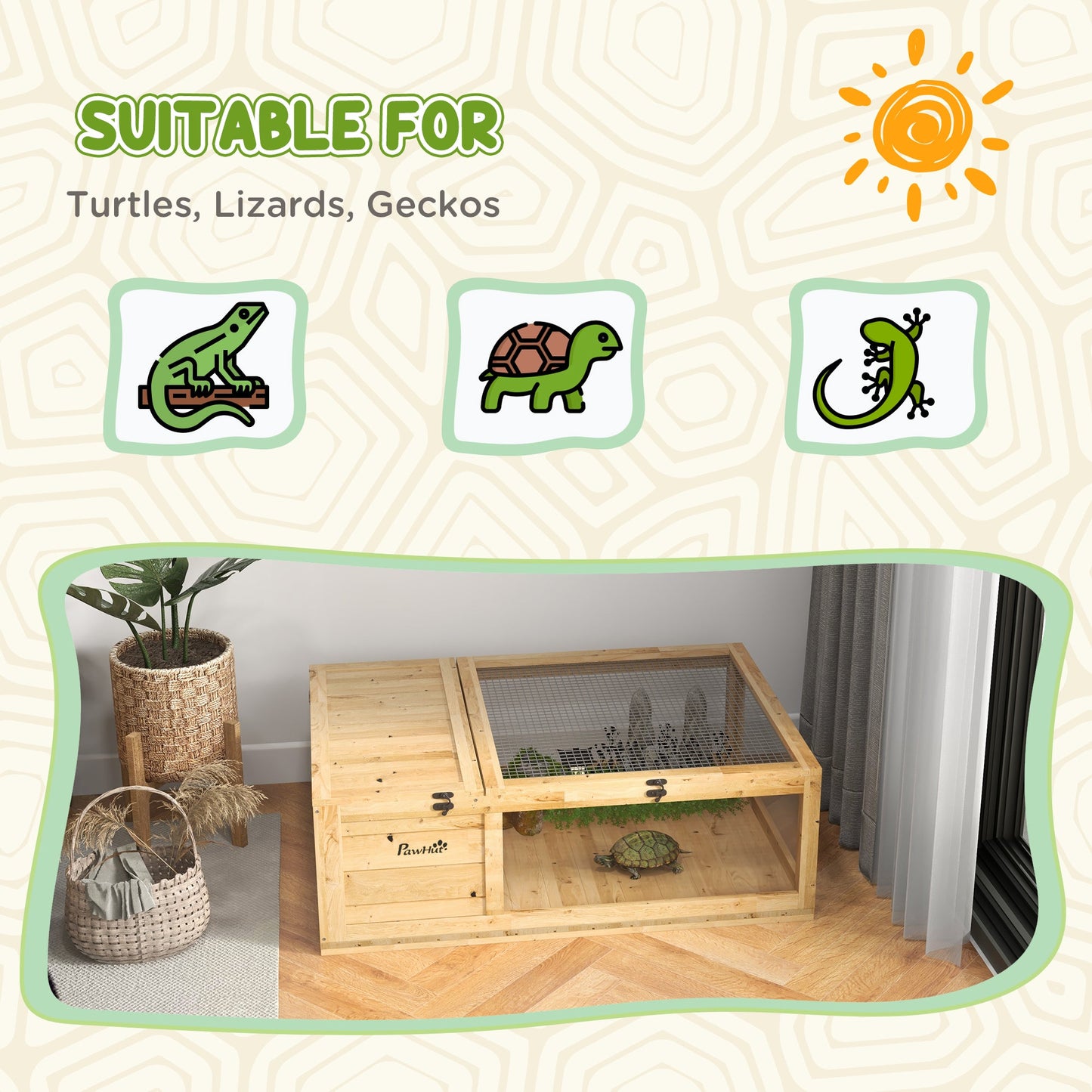 Tortoise House with Mesh Roof, Small Reptile Wooden House, Tortoise Enclosure with Removable Side Panel, for Indoor - Light Yellow