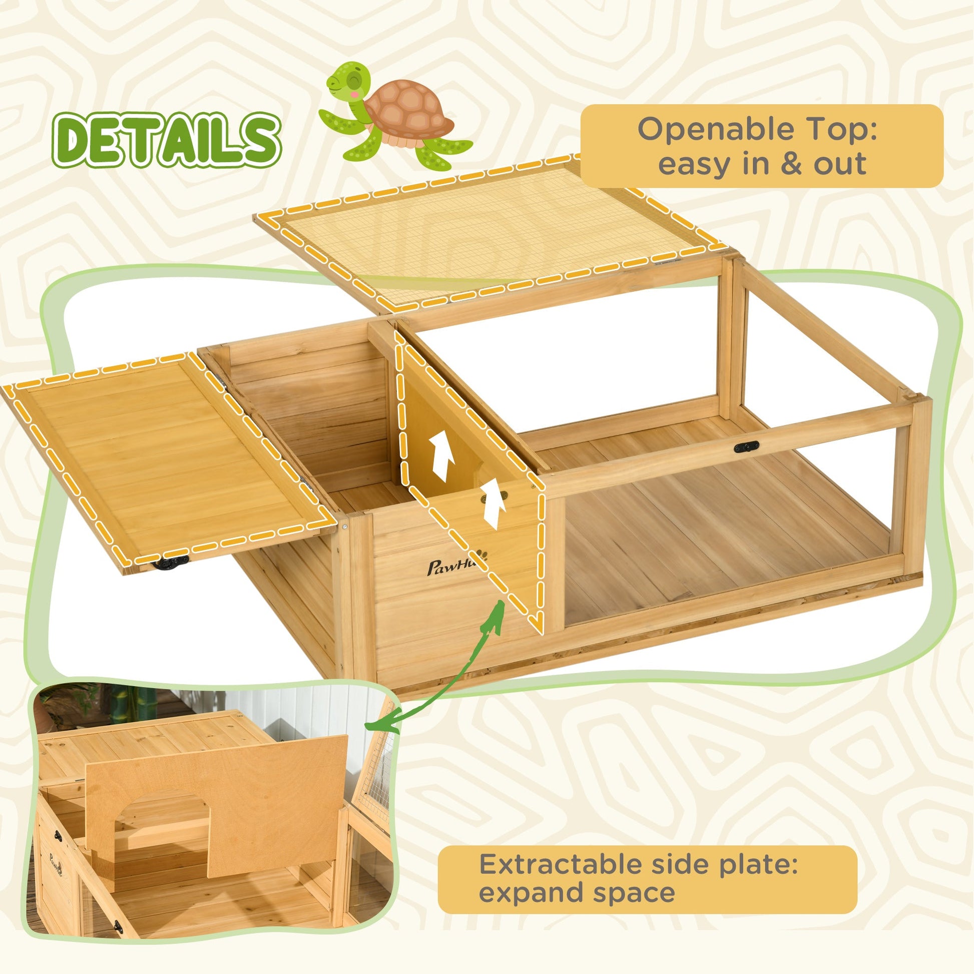 Tortoise House with Mesh Roof, Small Reptile Wooden House, Tortoise Enclosure with Removable Side Panel, for Indoor - Light Yellow