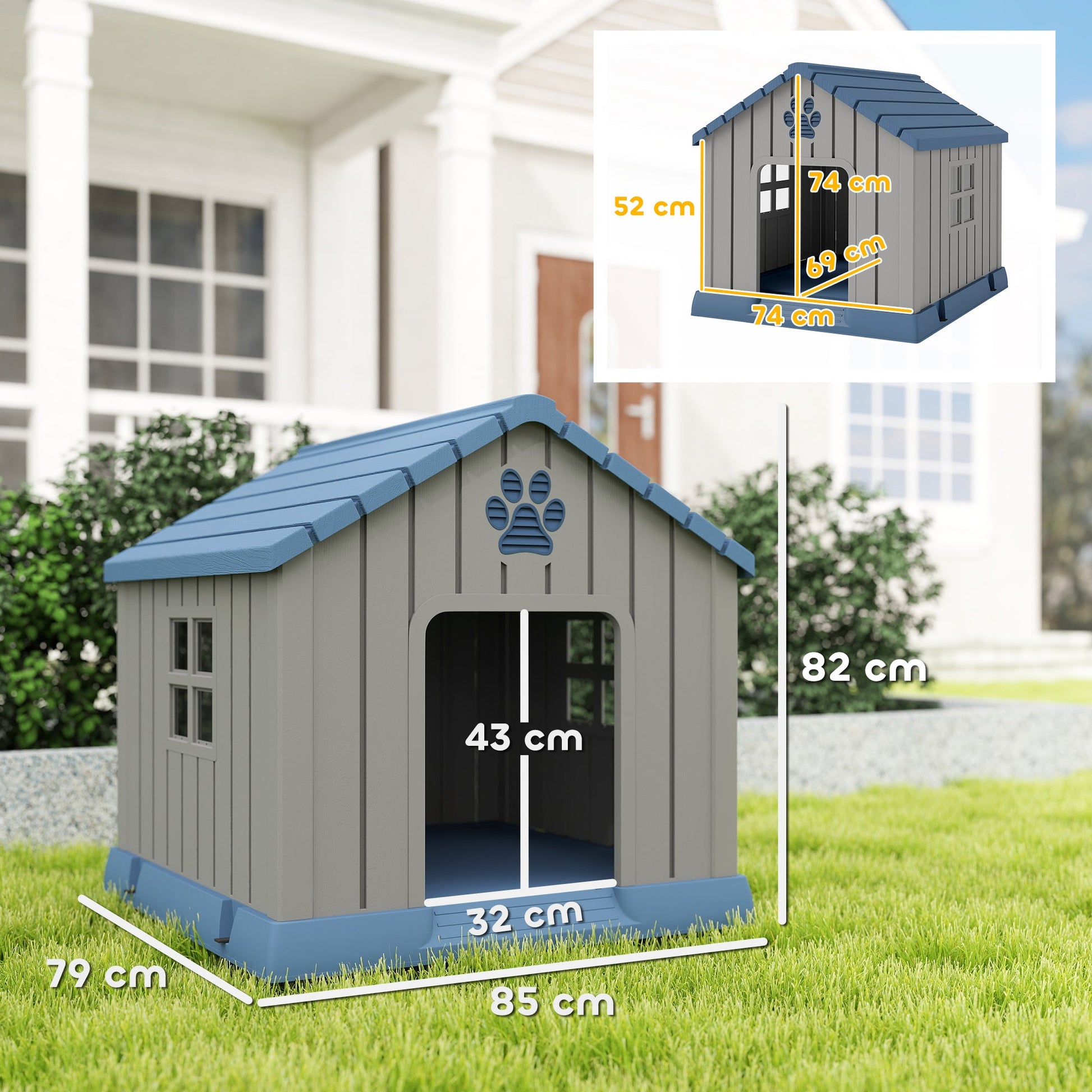 Dog Kennel Outdoor for Medium Dogs, Waterproof Plastic Dog House for Garden, Patio, Indoor Outdoor Pet Shelter with Elevated Base, 85 x 79 x 82 cm, Grey