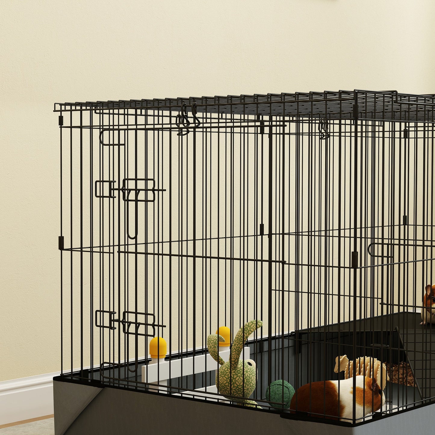 Guinea Pig Cage, 2 in 1 Rabbit Cage Pet Playpen with Removable Top, 2 Separate Area, Waterproof Oxford Fabric Floor, Perch, Ramp, Small Animal Cage for Guinea Pigs, Bunnies, Hedgehogs, Black