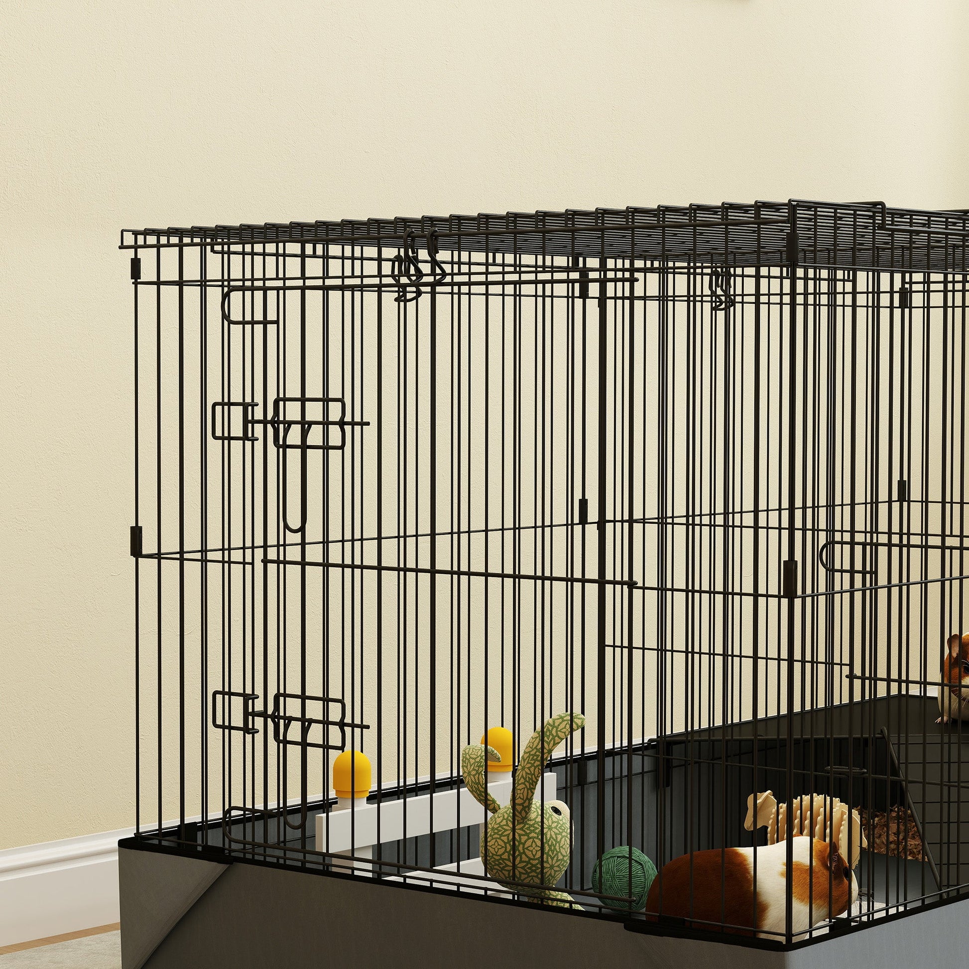 Guinea Pig Cage, 2 in 1 Rabbit Cage Pet Playpen with Removable Top, 2 Separate Area, Waterproof Oxford Fabric Floor, Perch, Ramp, Small Animal Cage for Guinea Pigs, Bunnies, Hedgehogs, Black