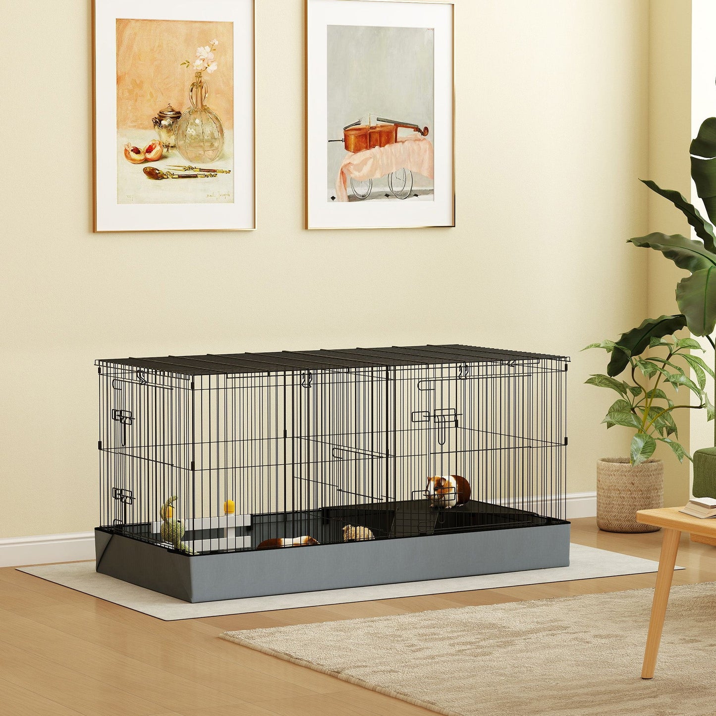 Guinea Pig Cage, 2 in 1 Rabbit Cage Pet Playpen with Removable Top, 2 Separate Area, Waterproof Oxford Fabric Floor, Perch, Ramp, Small Animal Cage for Guinea Pigs, Bunnies, Hedgehogs, Black